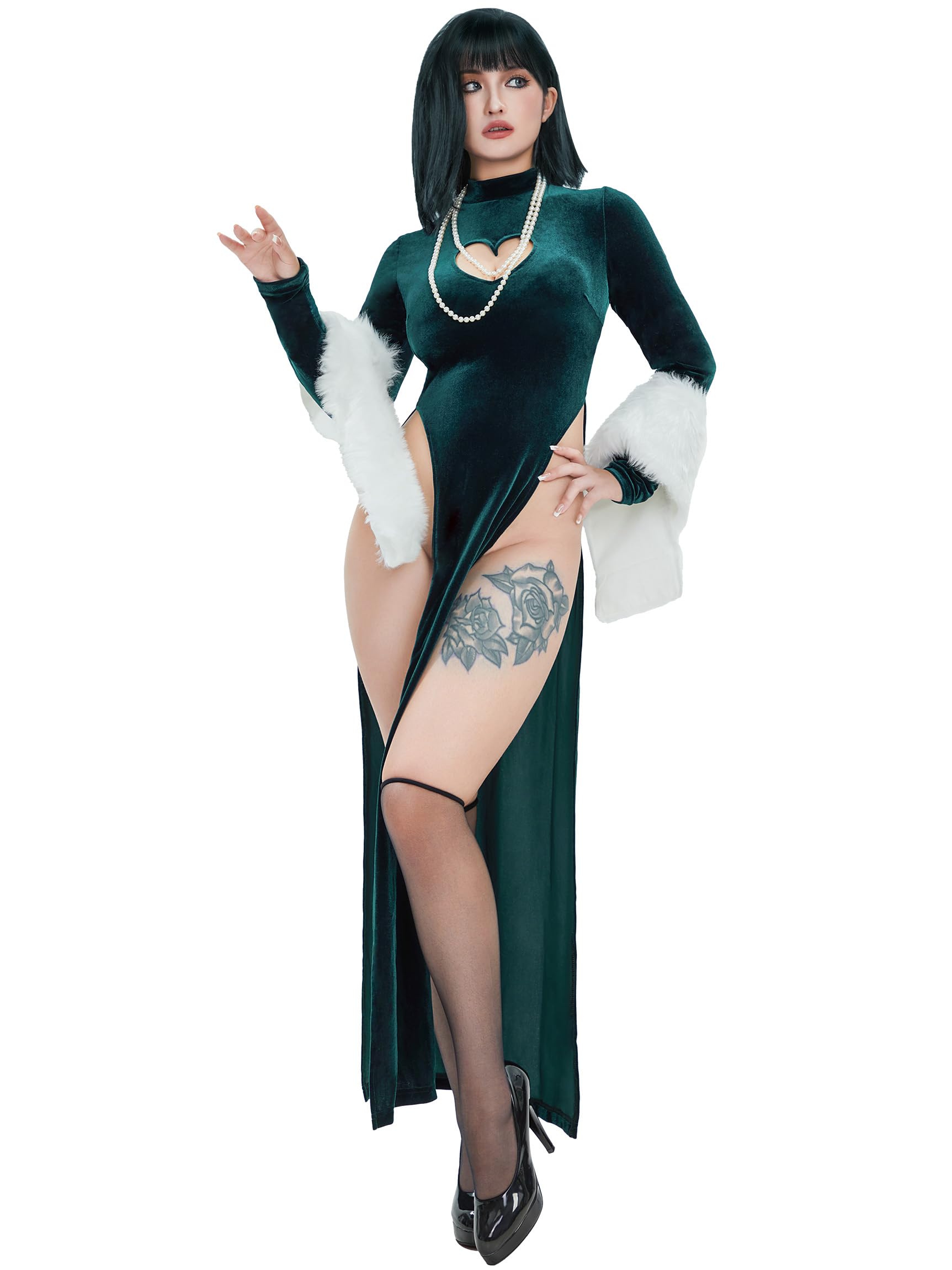 Mobbunny Anime Cosplay Dress Cutout Bodycon Velvet Dress High Slit Dress and Shawl with Stockings and Necklace: Medium