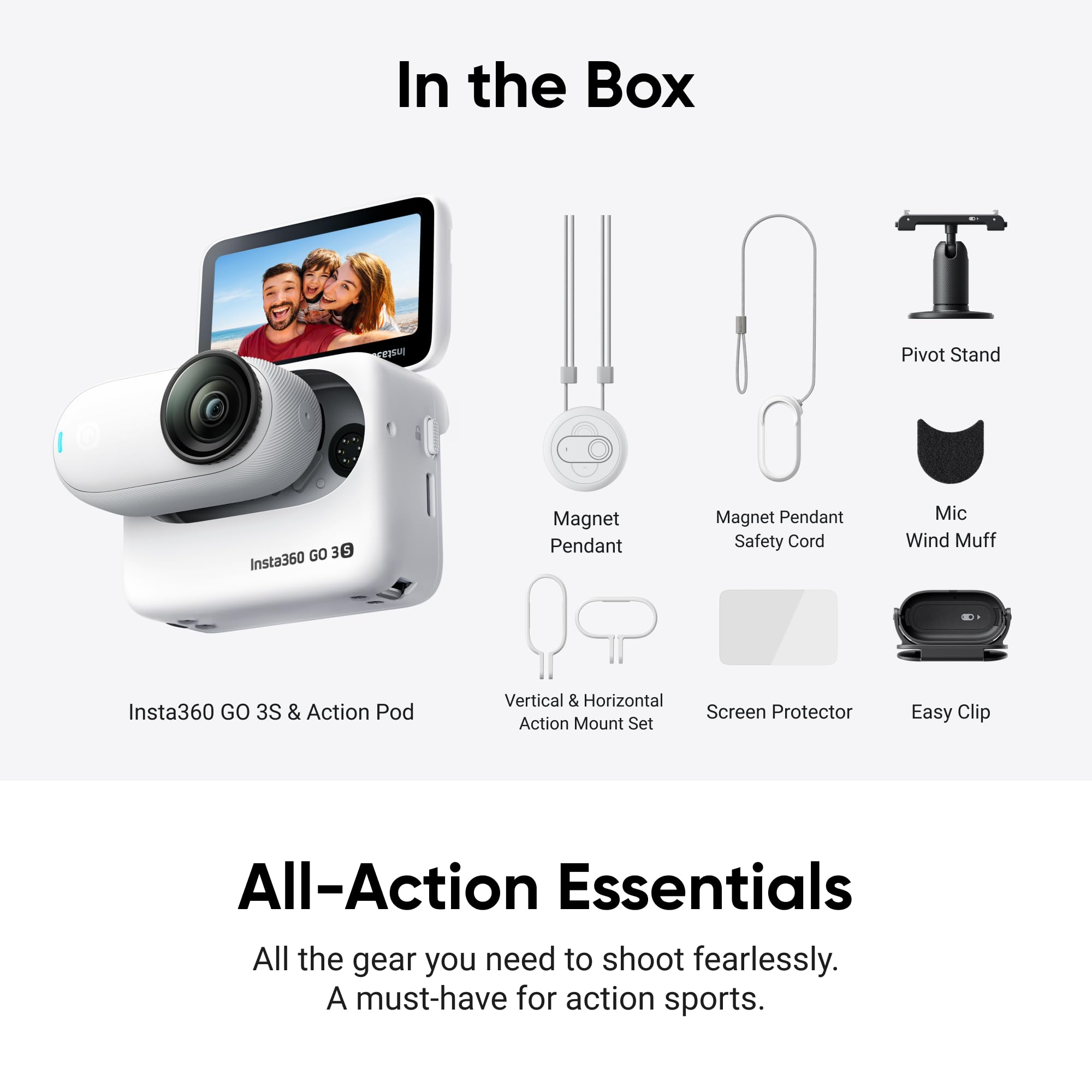 Insta360 GO 3S - 128 GB Black 4K Tiny Portable Vlogging Camera, Hands-Free POVs, Mount Anywhere, Stabilization, 140 Min Battery Life, 10m Waterproof, Pet POV: White Action Bundle