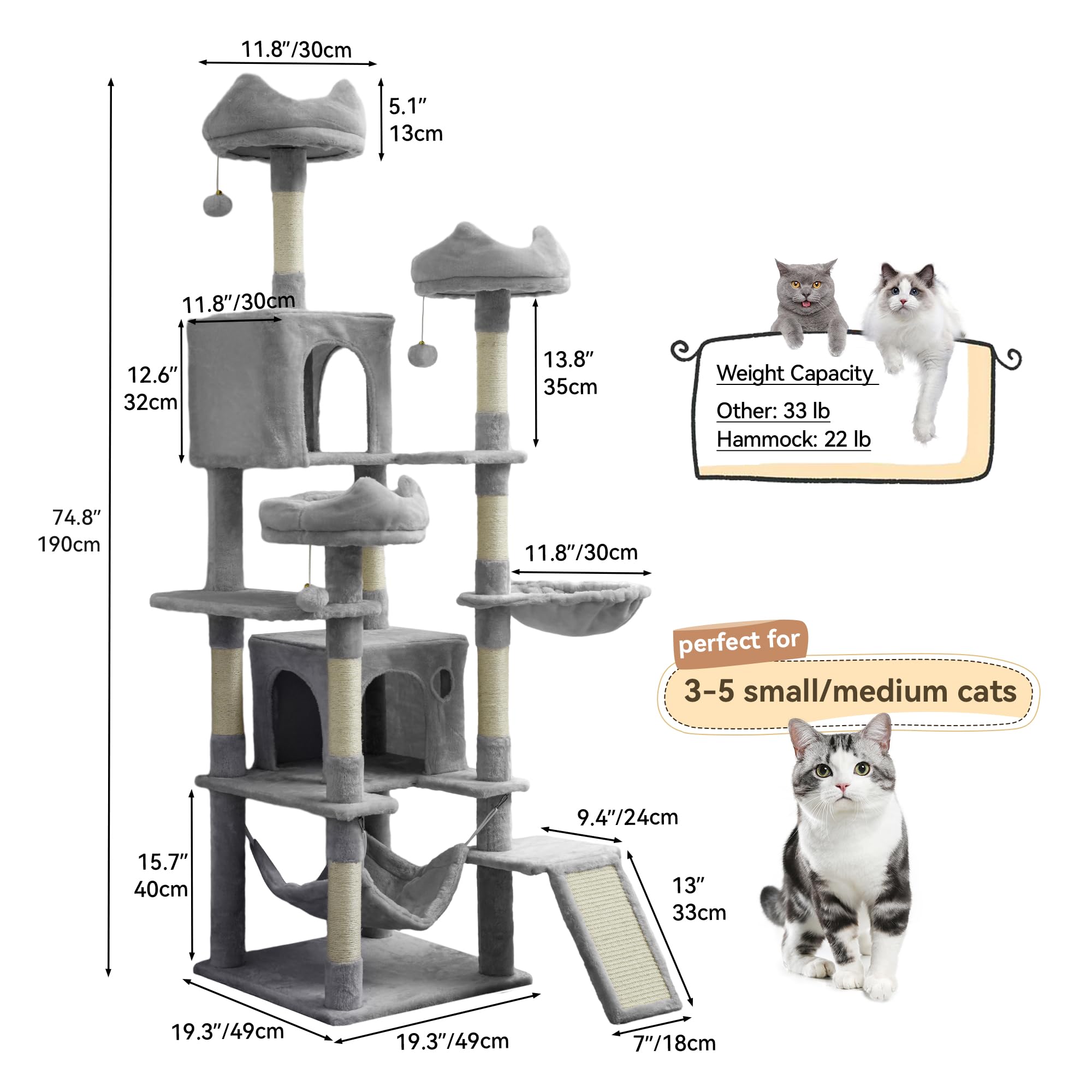 YITAHOME Tall Cat Tree for Indoor Cats, 75 inch Multi-Level Cat Tower with Cat Condos, Top Perches, Sisal Ramp Scratching Posts, Cozy Basket,Hammocks, Large Cat Pet Activity Structure,Pink: 75 inches Light Grey