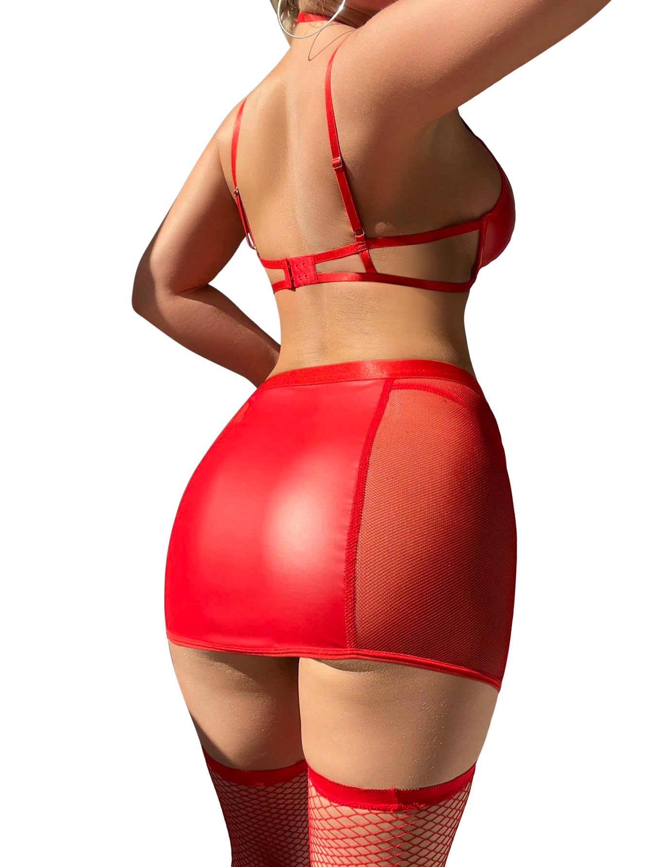 Foxiny Sexy Cutout Halter Underwire Leather Mesh Sheer Mini Skirt Stocking Lingerie Set 4 Piece Outfits