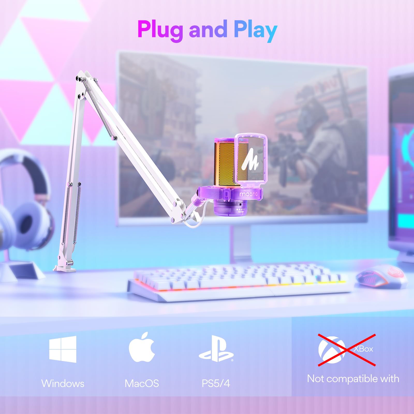 MAONO Gaming USB Microphone, Noise Cancellation Condenser mic with Mute, Gain, Monitoring, Boom Arm for Streaming, Podcast, Twitch, YouTube, Discord, PC, Computer, PS4, PS5, Mac, GamerWave DGM20S: Purple