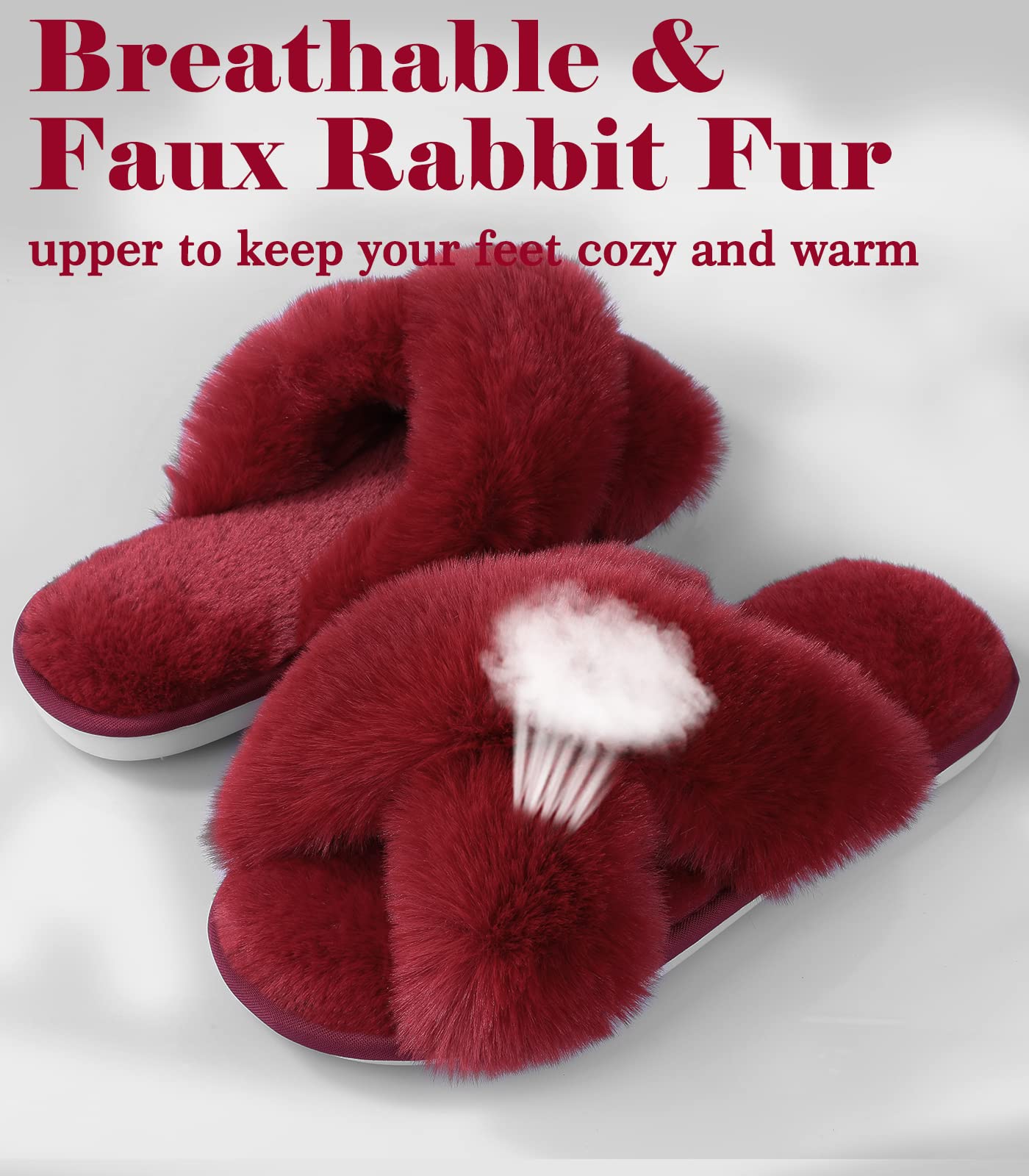 Ankis Womens Fuzzy Memory Foam Slippers Cross Band Cozy Plush Home Slippers Fluffy Furry Open Toe House Shoes Indoor Outdoor Slide Slipper: 7-8 Red
