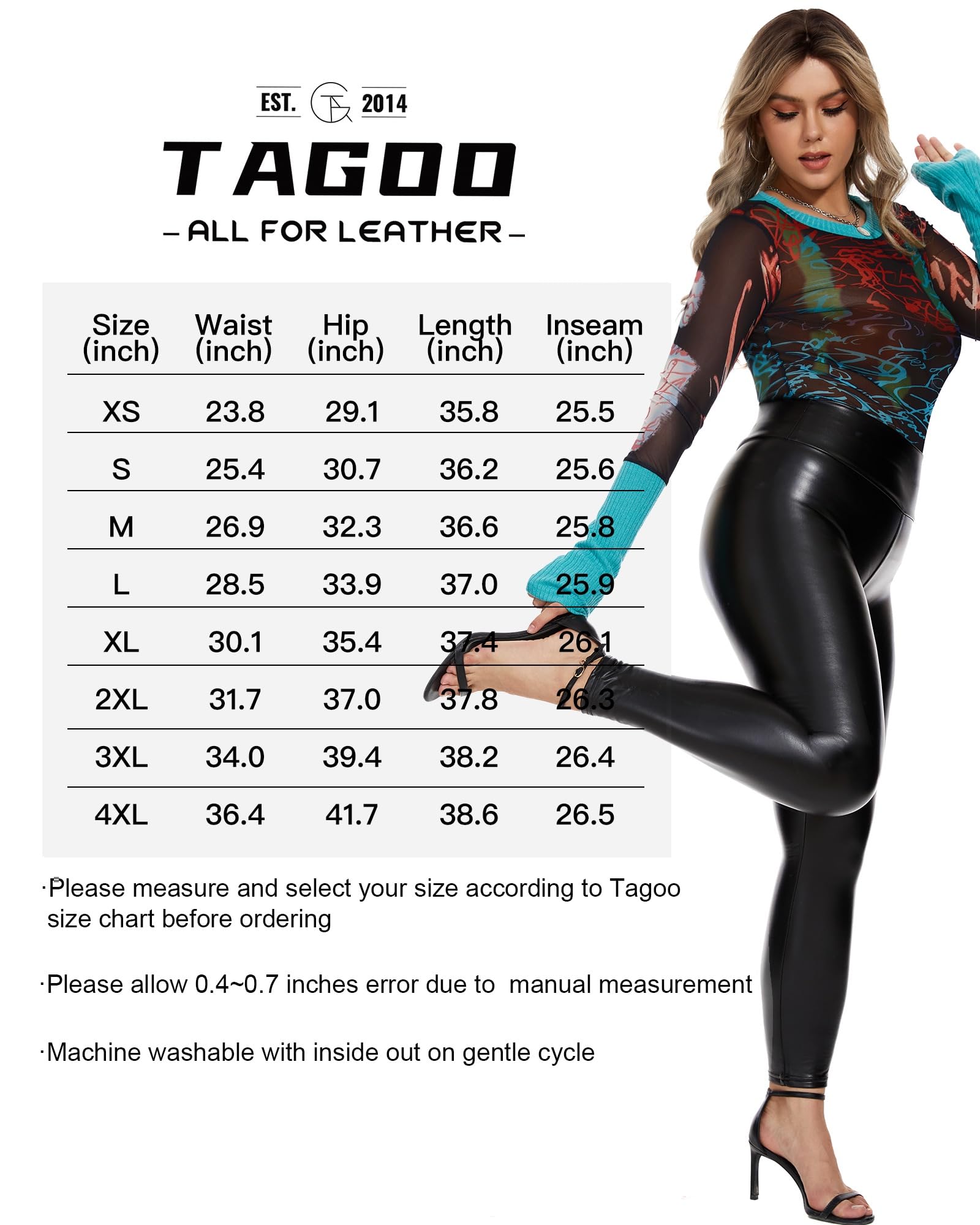 Tagoo Women's Stretchy Faux Leather Leggings Pants, Sexy Red High Waisted Tights: X-Small Black