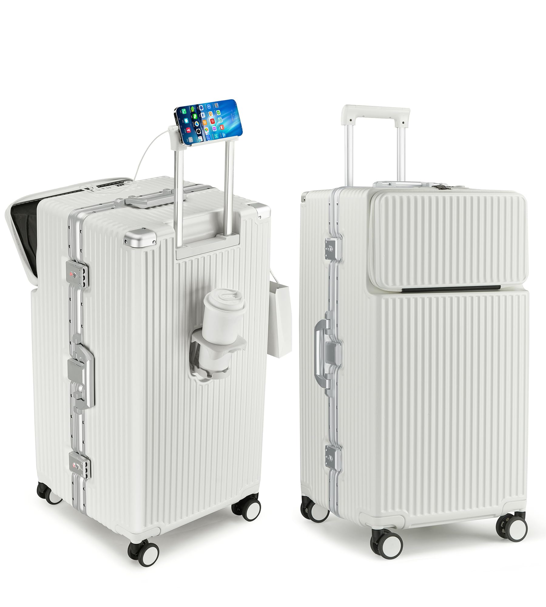 feilario 29in Super Large Captain Aluminum Frame Hardside Spinner Wheels Luggage, Removable Wheels Zipperless Checked Suitcase with Cup Holder/Phone Holder: Pro-White 30in