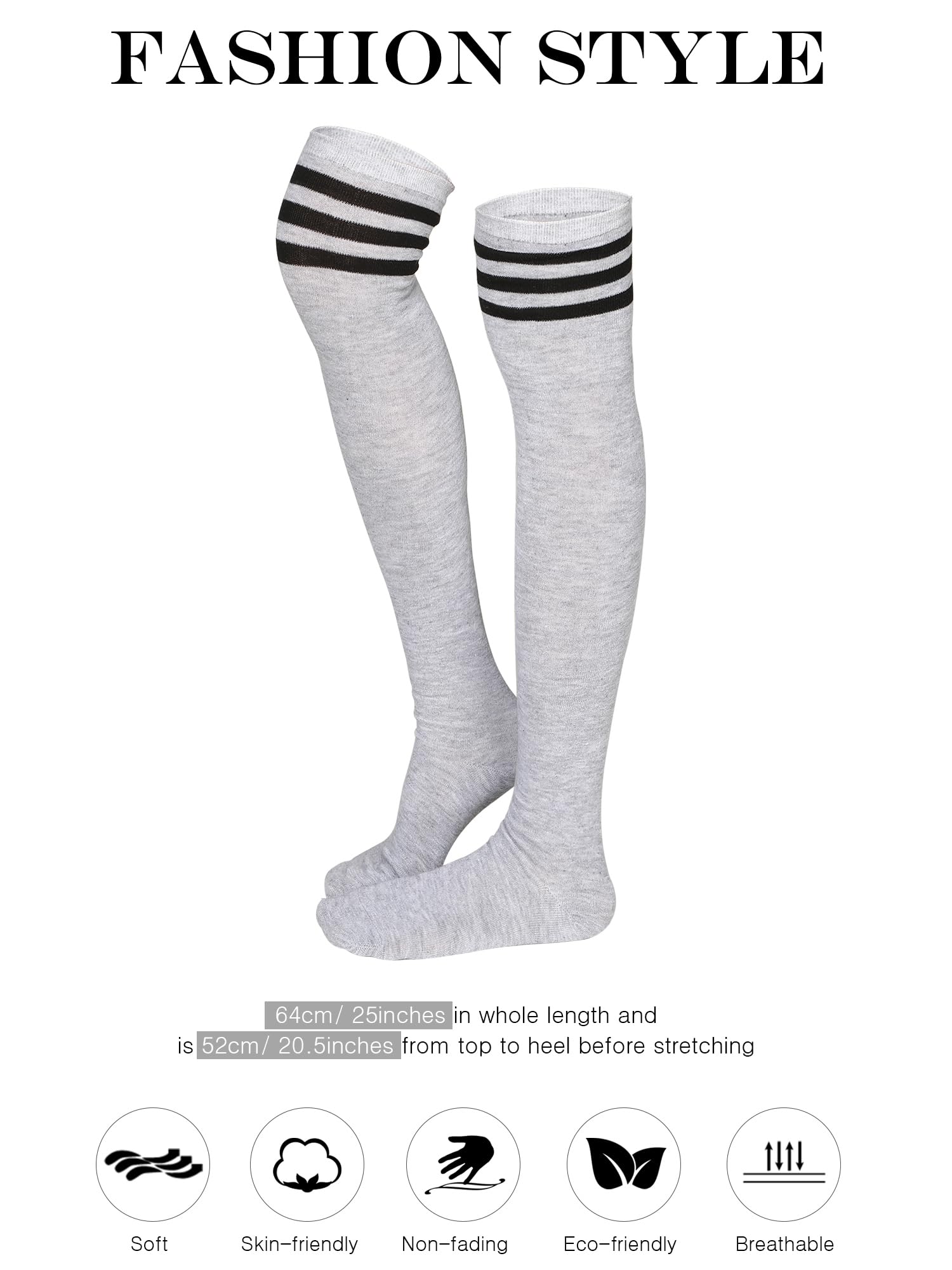 SATINIOR 3 Pairs Knee High Socks Thigh High Triple Stripe over the Knee Socks Long Opaque Thigh Stockings: Black, Dark Gray, Light Gray