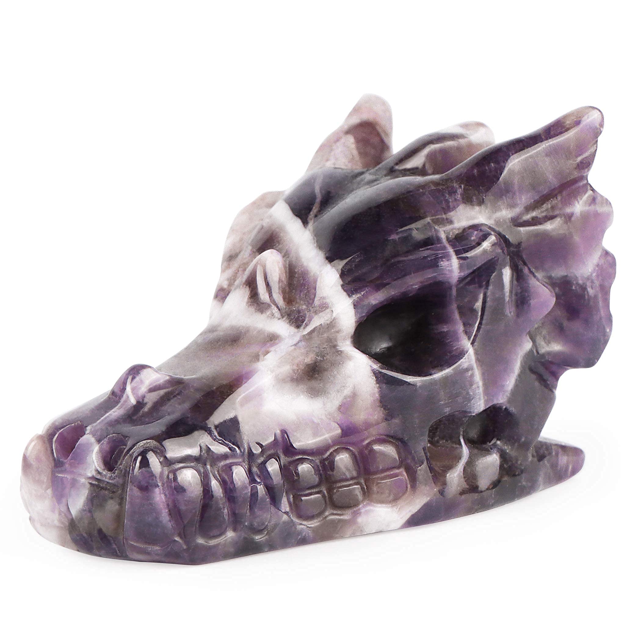 SMQ Amethyst Crystals Dragon Head Skull Statue Hand Carved Gem Purple Dragon Figurine Animal Carvings Collectible Healing Stones for Home Office Desk Decor(2 Inch)