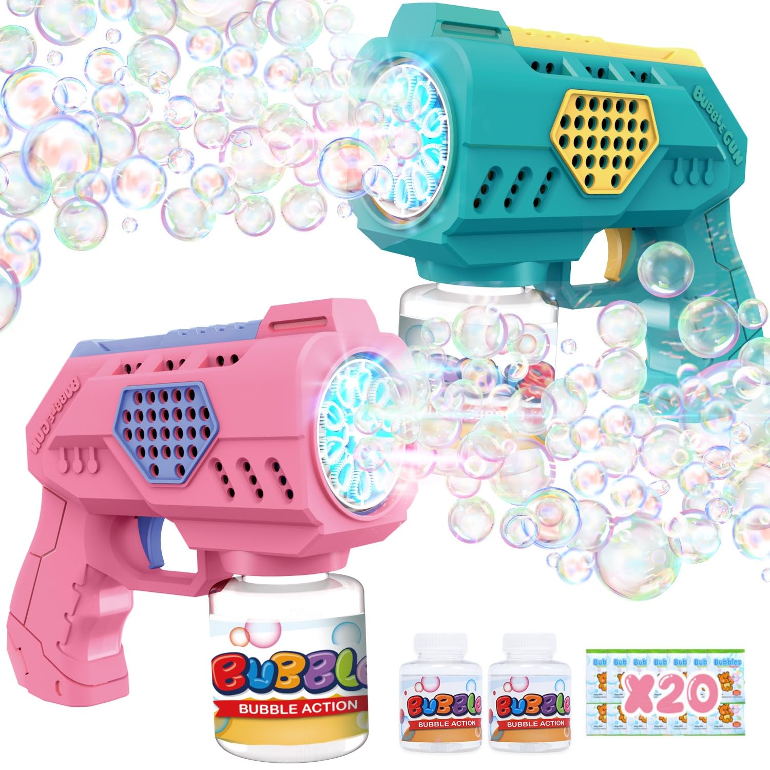 Eaglestone Bubble Guns for Toddlers 2 Pack, LED Light Automatic Bubble Machine Gun for Kids 4-8, Summer Outdoor Toys Birthday Gift
