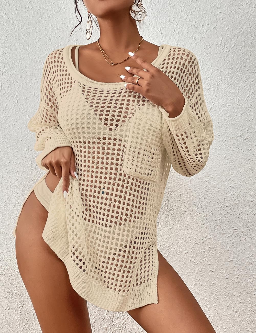 Bsubseach Crochet Cover Up for Swimwear Women Pool Swimsuit Coverup Long Sleeve Beach Knit Tops: Apricot