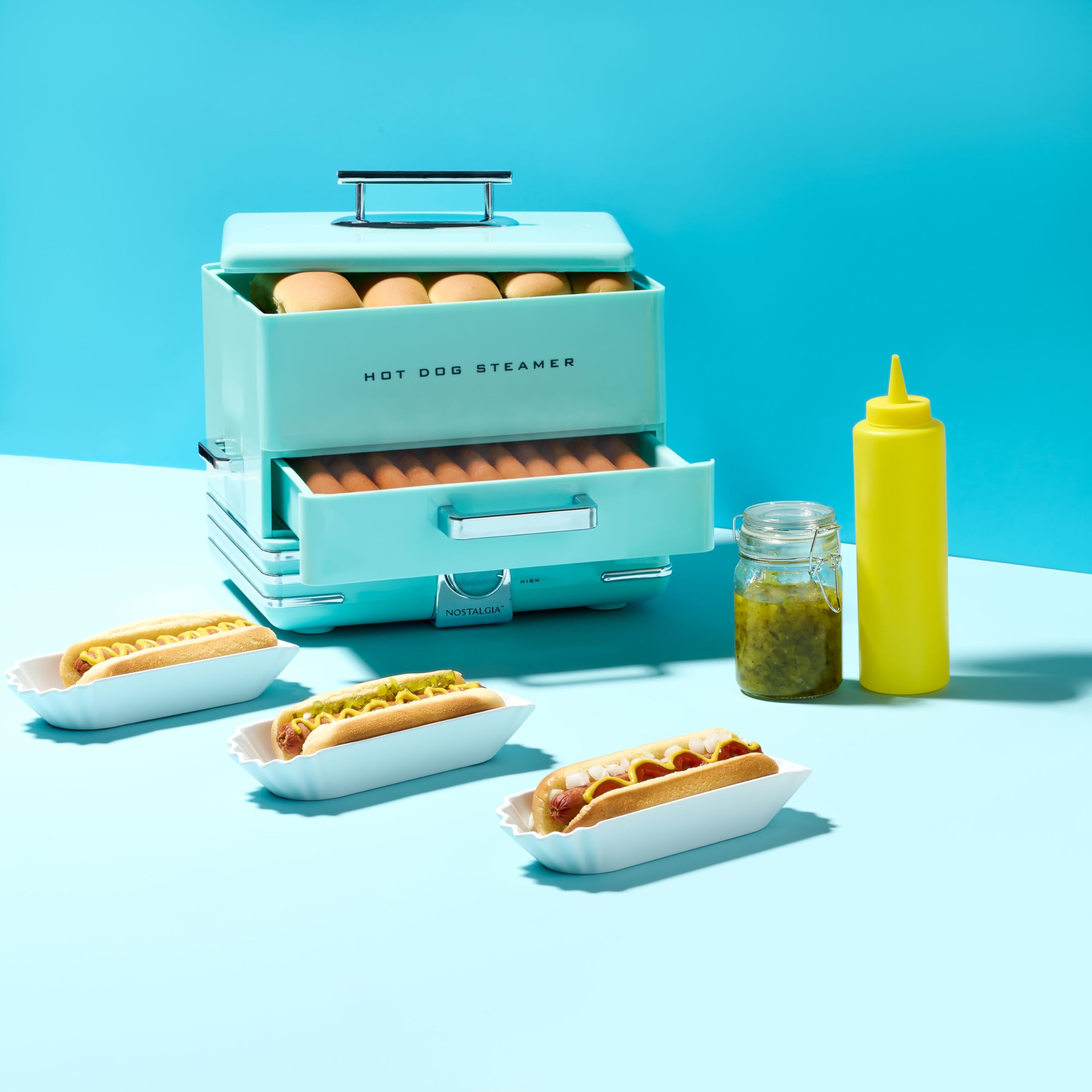 Nostalgia Extra Large Diner-Style Steamer, 20 Hot Dogs and 6 Bun Capacity, Perfect for Breakfast Sausages, Brats, Vegetables, Fish, Aqua