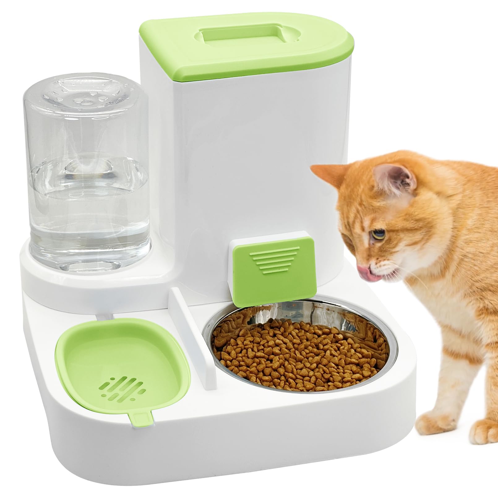 Fhiny Gravity Cat Feeder and Water Dispenser, 2 in 1 Automatic Pet Waterer Detachable Stainless Steel Food Bowls Set Pet Food Storage for Small Dog Puppy Cat Kitten Pet Easy Clean (Grey): Style A Green-Metal Bowl