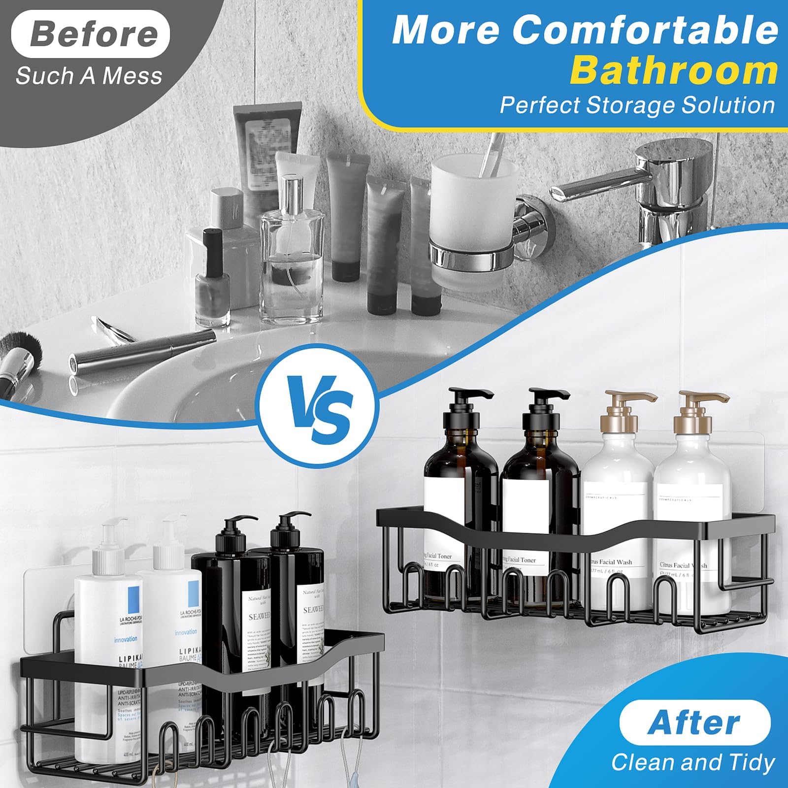 Adhesive Shower Caddy, 5 Pack Rustproof Stainless Steel Bath Organizers With Large Capacity, No Drilling Shelves for Bathroom Storage & Home Decor: upgrade-5-piece set Black