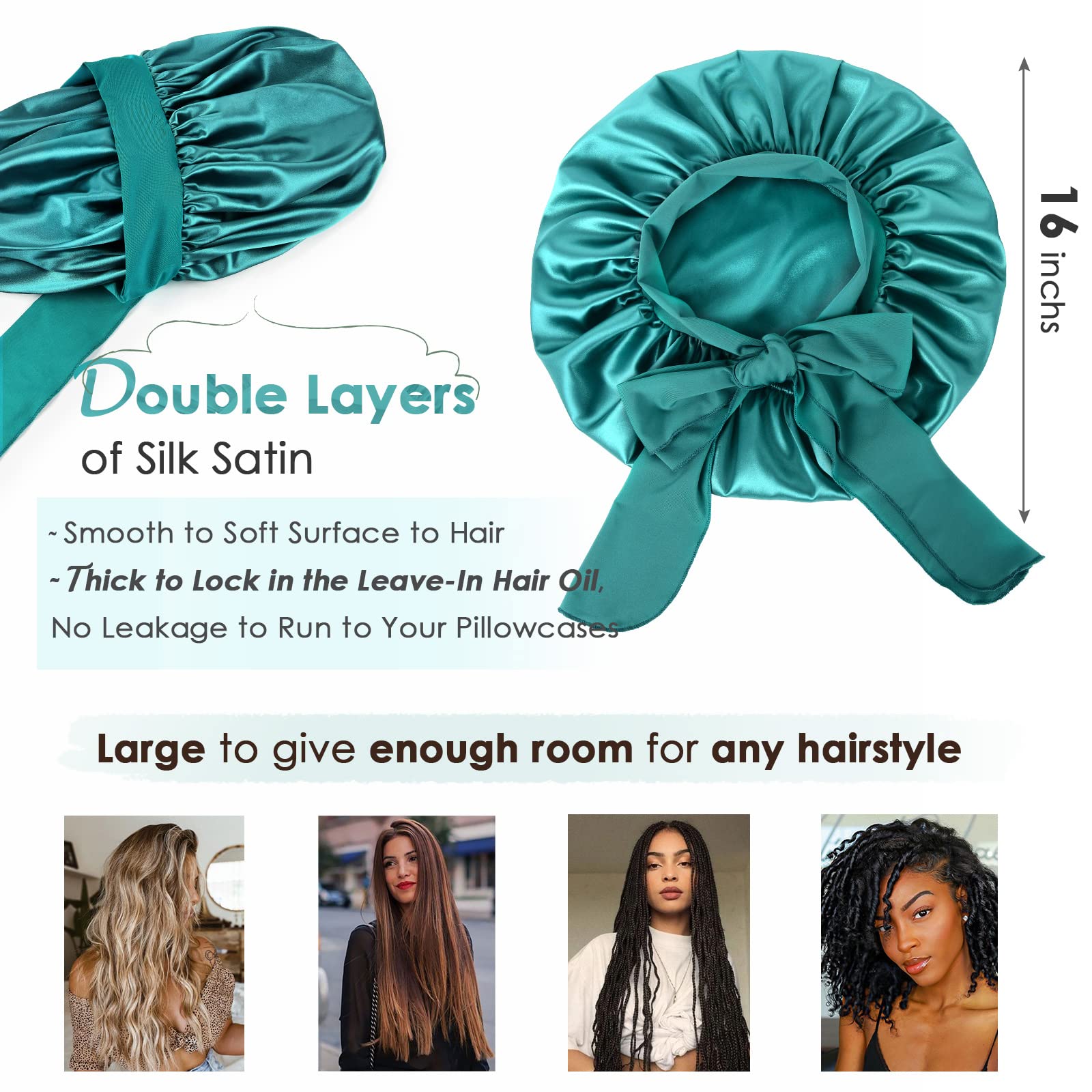 YANIBEST Silk Bonnet for Sleeping Women Satin Bonnet Double Layer Satin Lined Hair Bonnet with Tie Band Curly Hair Blush Pink: Large Blue Zircon