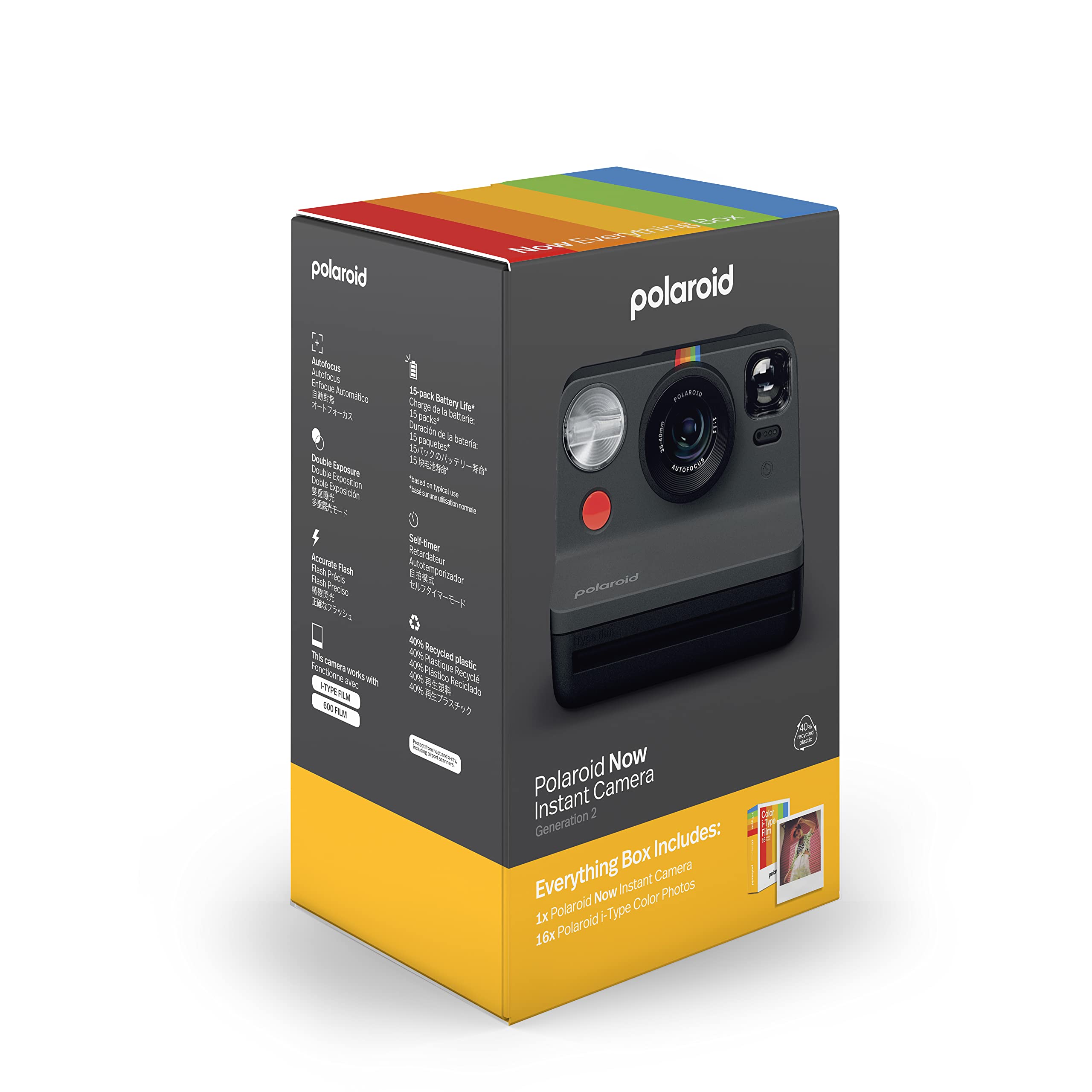 Polaroid Now 2nd Generation I-Type Instant Camera + Film Bundle - Now Black Camera + 16 Color Photos (6248)- Black