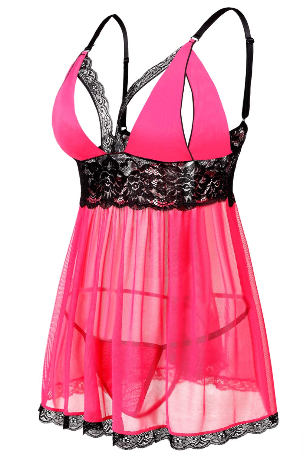 Donnalla Women Plus Size Lingerie 2 Piece Contrasting Lace Babydoll Lingerie Set V Neck Strap Chemise Sleepwear: Medium Pink