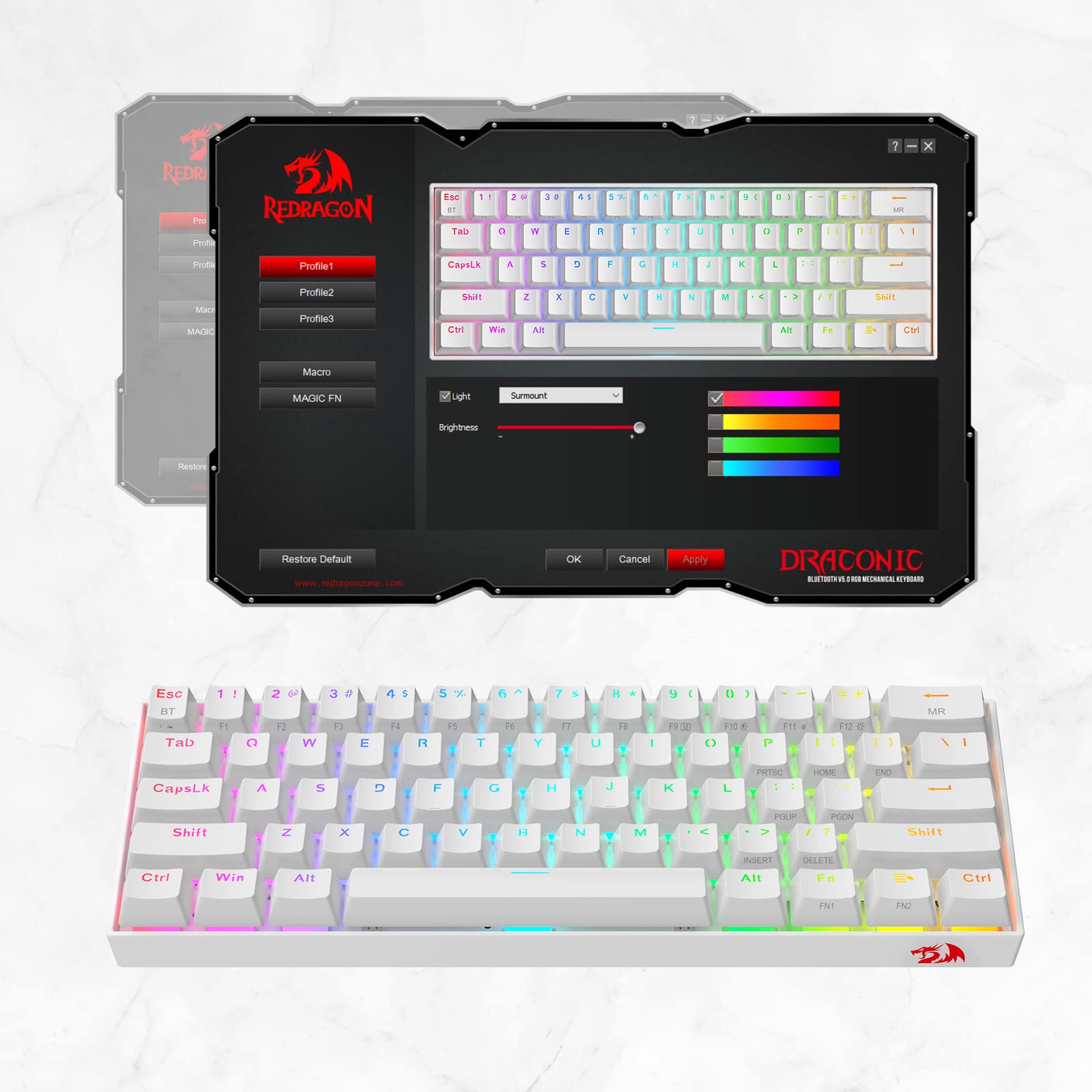 Redragon K530 Pro Draconic 60% Wireless RGB Mechanical Keyboard, BT/2.4Ghz/Wired 3-Mode 61 Keys Compact Gaming Keyboard w/Hot-Swap Socket, Free-Mod Plate Mounted PCB & Clicky Blue Switch: Blue Switch White