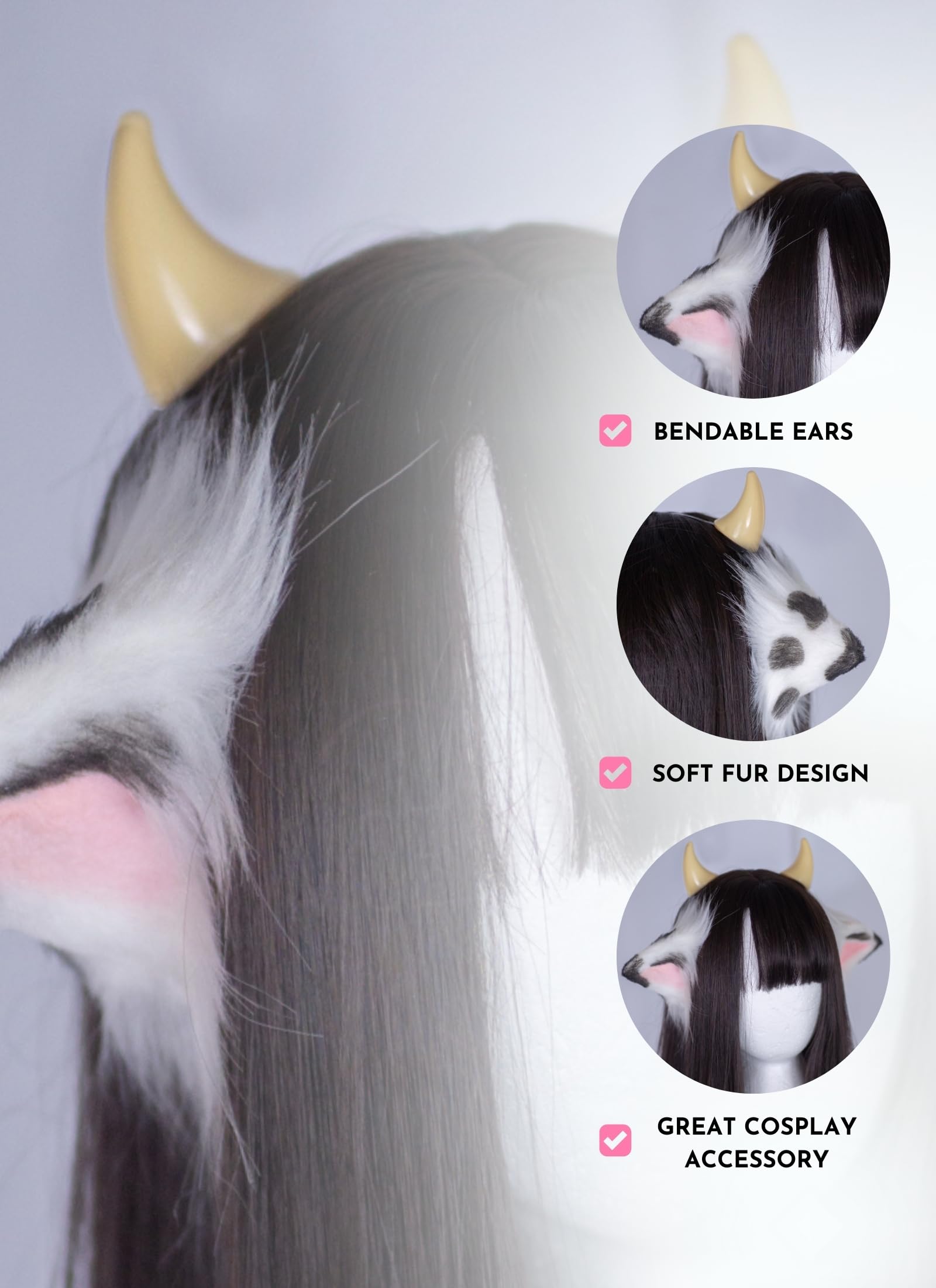 MOEFLAVOR Anime Plush Cow Ears Fur Headband with Devil Horns | Matches Any Kawaii Lingerie Costume for Sexy Cosplay: Black