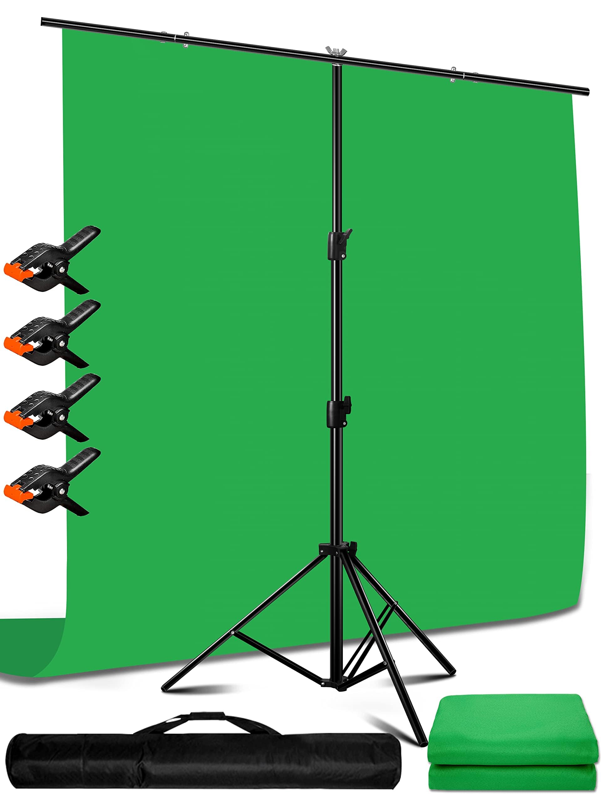 5X6.5ft Green Screen Backdrop with Stand Height Adjusted, Washable, Ironable Green Screen with T-Shape Background Stand Kit with Carrying Bag & Clamps for Streaming, Video, Zooming, Gaming: 6.5X9.6 FT Backdrop and 6.6X6.6FT stand