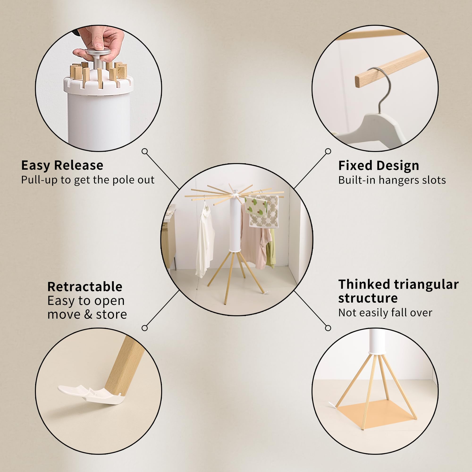 RFOUO Clothes Drying Rack Tripod,Laundry Hanger Dryer Rack,Portable Drying Rack,Outdoor Clothes Rack-Drying Rack Clothing Laundry Bedroom Household Wooden-16rods: 4 Legs Wooden-12rods Standing