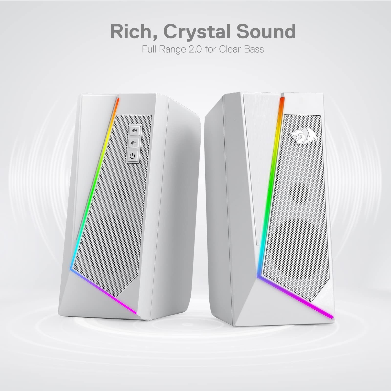 Redragon GS520 RGB Desktop Speakers, 2.0 Channel PC Computer Stereo Speaker with 6 Colorful LED Modes, Enhanced Sound and Easy-Access Volume Control, USB Powered w/ 3.5mm Cable,: White