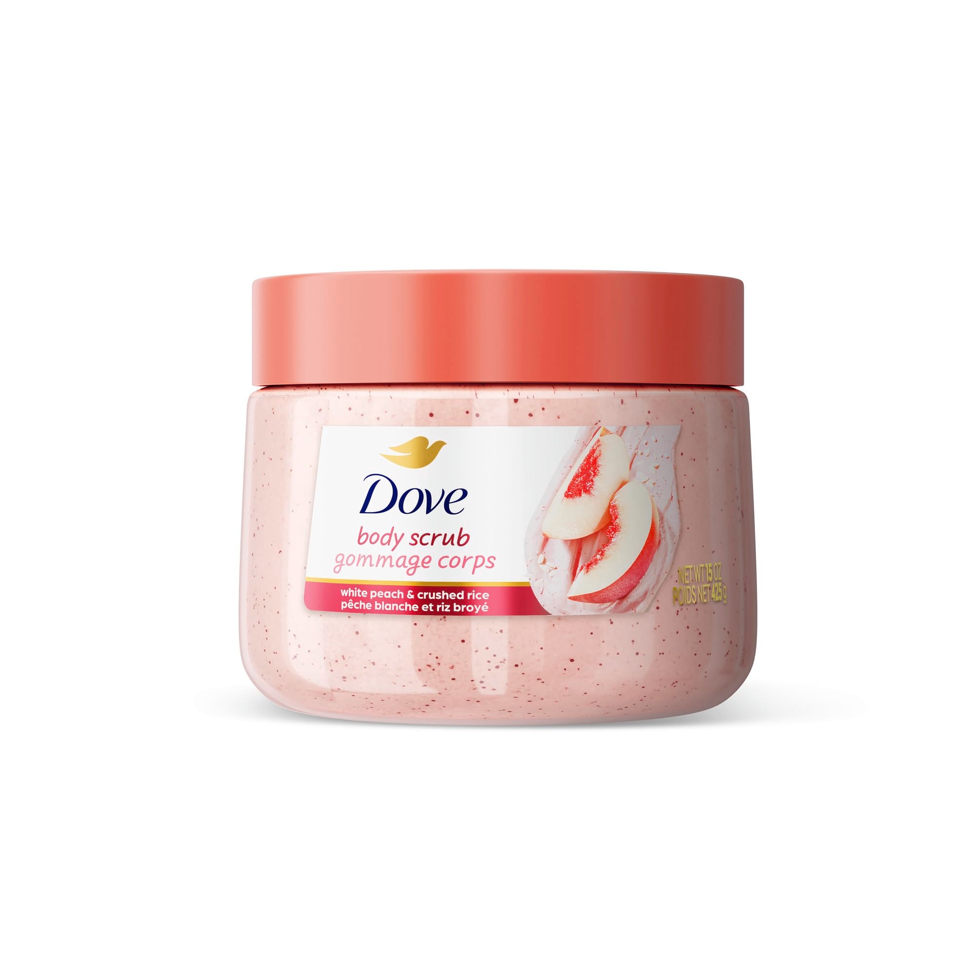 Dove White Peach & Crushed Rice Body Scrub Exfoliates and Deeply Nourishes for Smooth, Radiant Skin 15 oz: White Peaches &amp; Crushed Rice 15 Ounce (Pack of 1)