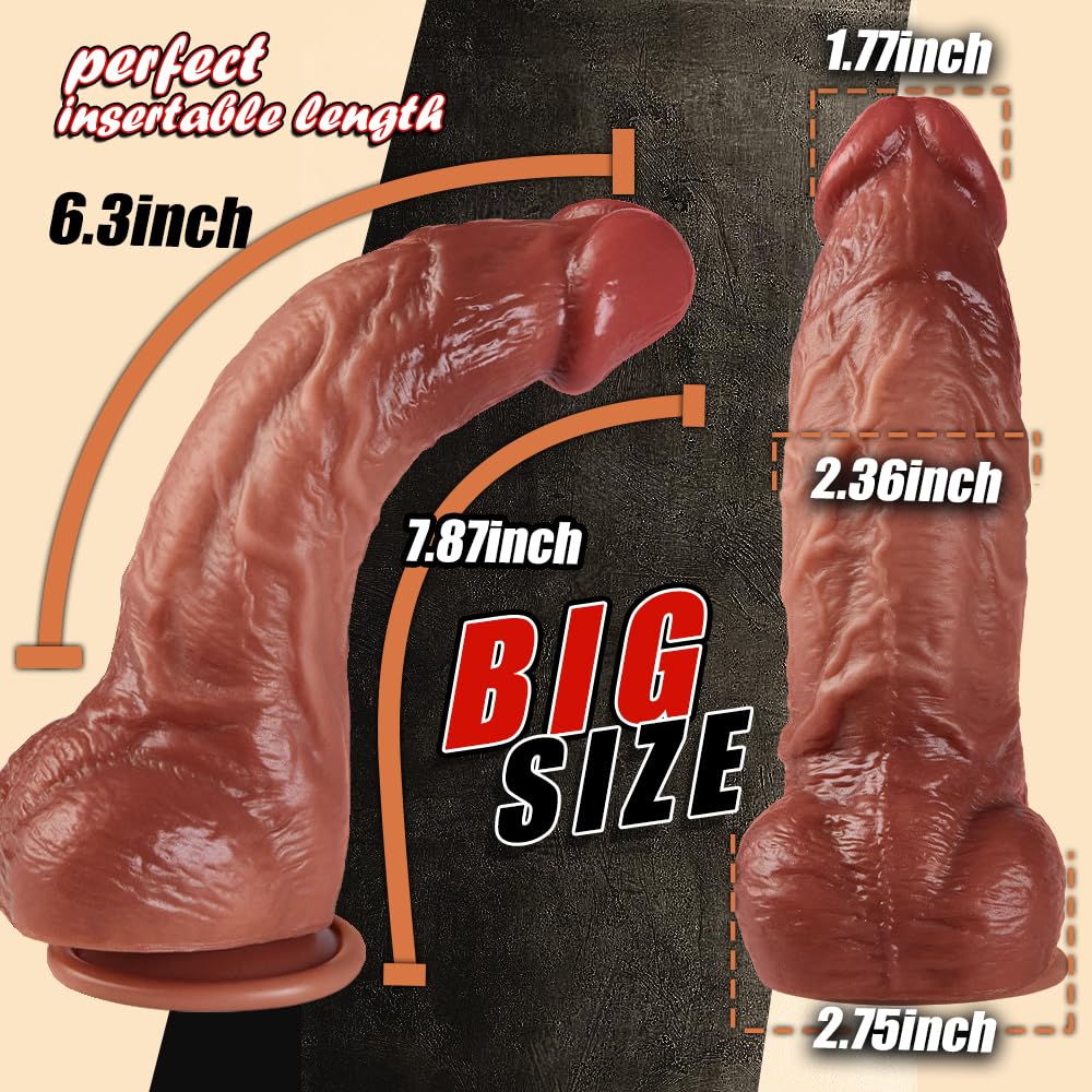 Lubisey 2.36'' Diameter Realistic Thick Dildo for G-spot Orgasm, 7.87'' Curved Shaft Big Huge Dildos with Strong Suction Cup, Silicone Dildos Realistic Penis Anal Dildo Toy Consolador para Hombre: 7.87 inch / Brown