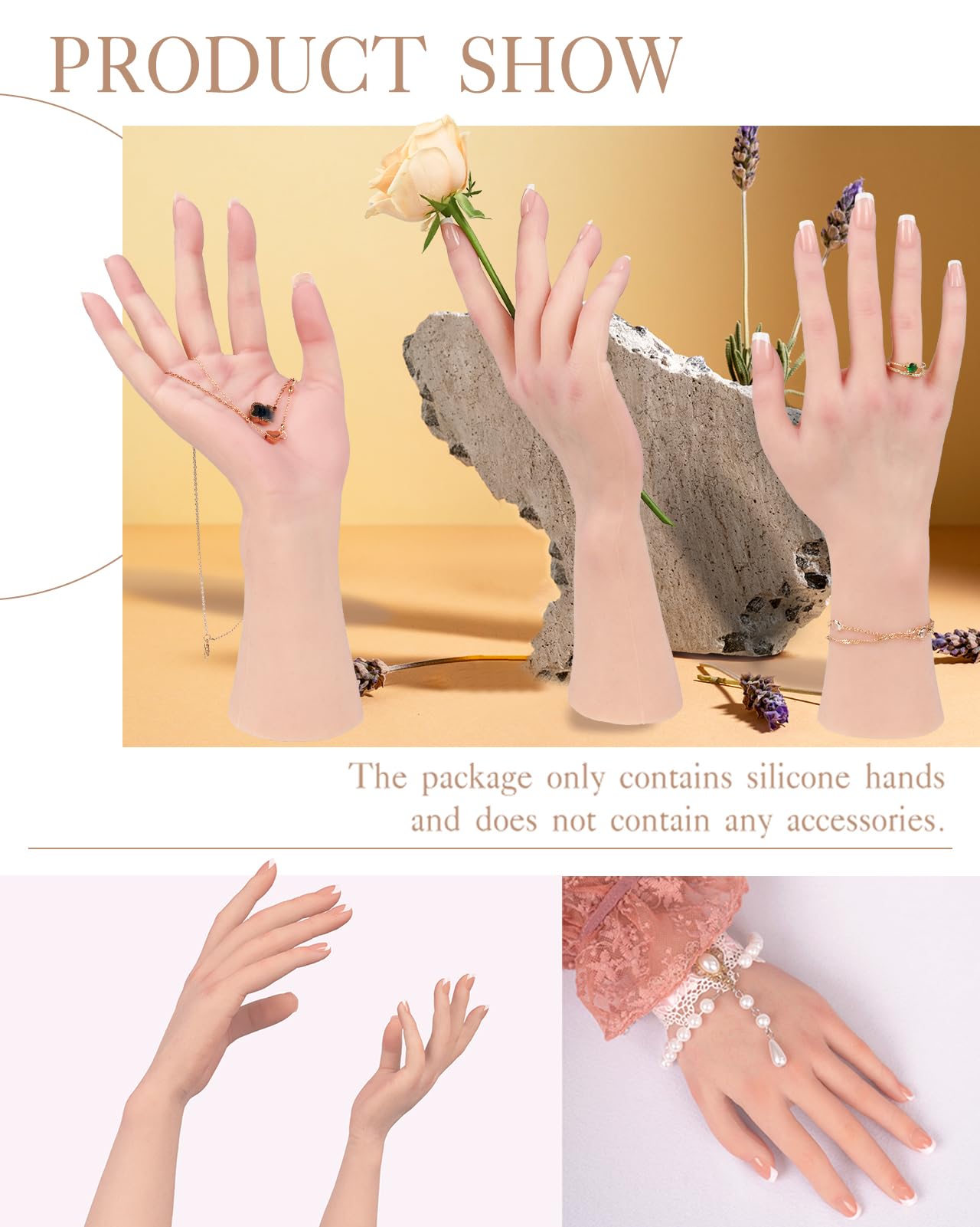 KUMIHO Realistic Silicone Female Hand Model Fake Hand for Jewelry Display Tattoo Training Practice Art Sketch with Nails, 1 Pair -with Skeleton, White: White 1 Pair -With Skeleton