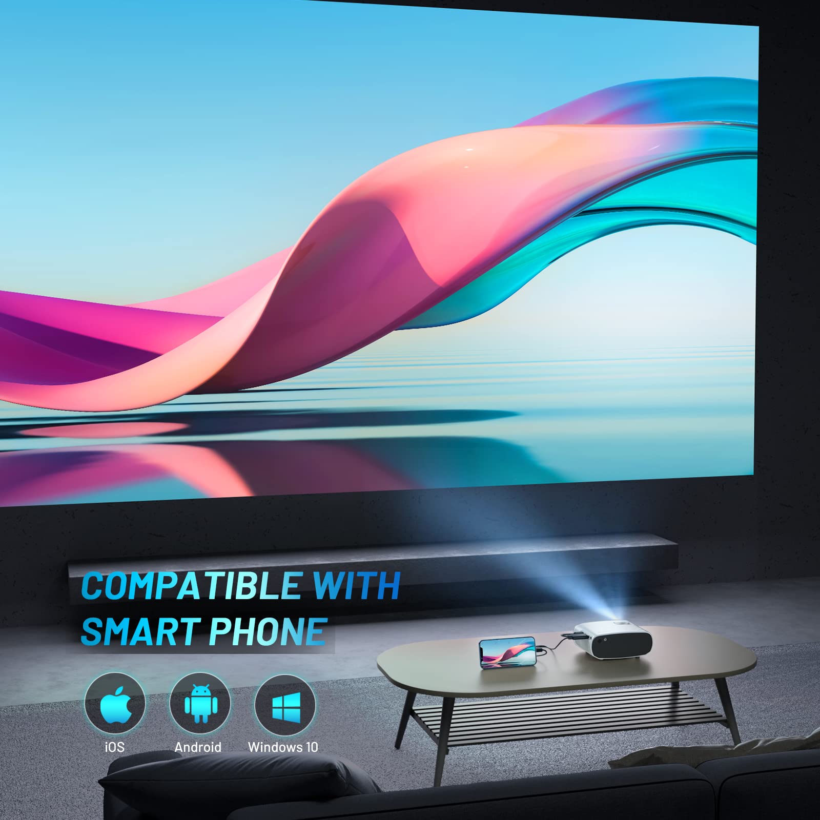 Mini Projector for iPhone, ELEPHAS 2024 Upgraded 1080P HD Projector, 8000L Portable Projector with Tripod, Movie Projector Compatible with Android/iOS/Windows/TV Stick/HDMI/USB: WhiteBlack