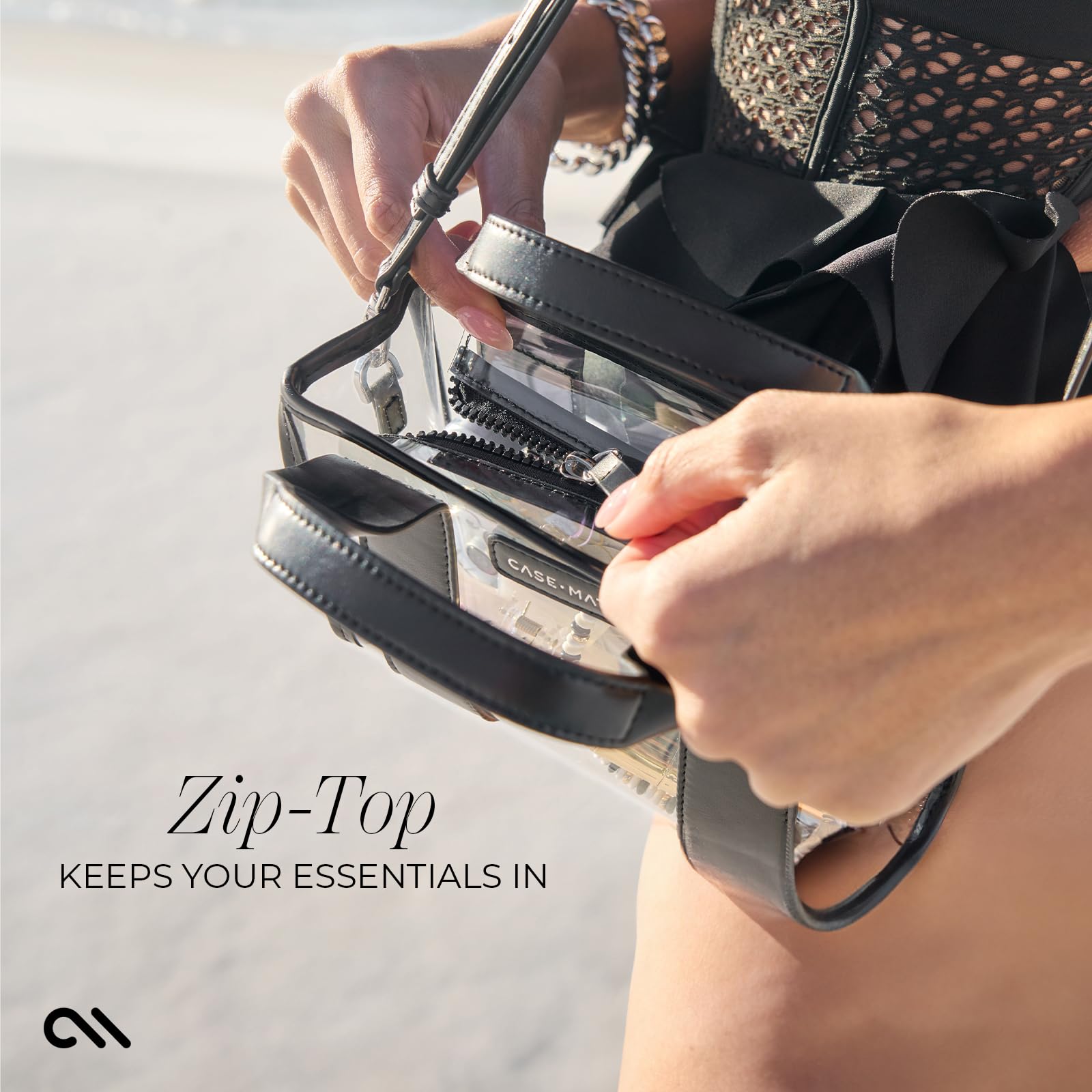 Case-Mate Micro Tote Bag for Women - Black/Clear Mini Purse with Jacquard Crossbody Strap - Stadium Approved Small Handbag - Water-Resistant Tote Bag for Keys, Phone, Wallet and Sunglasses