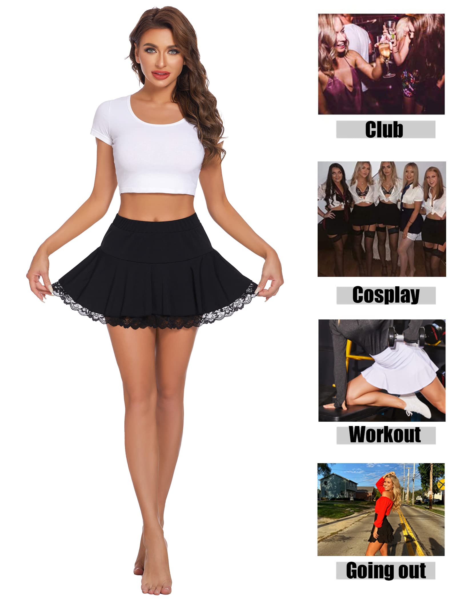Avidlove Women Pleated Mini Skirt Sexy Lace Ruffle Solid Skirt Lingerie Short Skirts: Black Small