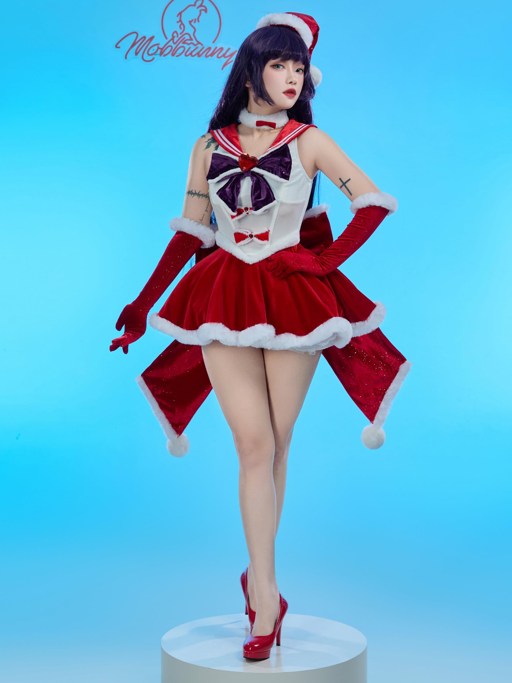 Mobbunny Women Christmas Anime Cosplay Costume Red Fluffy Dress Outfits with Cape and Santa Hat: Large Red