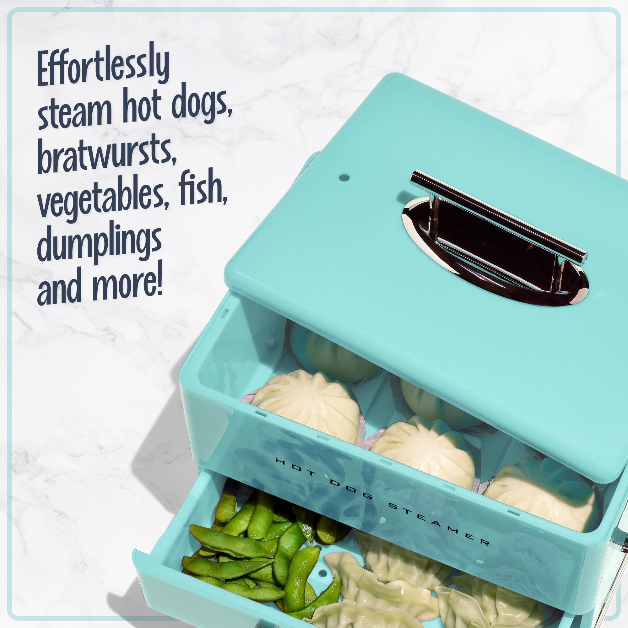 Nostalgia Extra Large Diner-Style Steamer, 20 Hot Dogs and 6 Bun Capacity, Perfect for Breakfast Sausages, Brats, Vegetables, Fish, Aqua