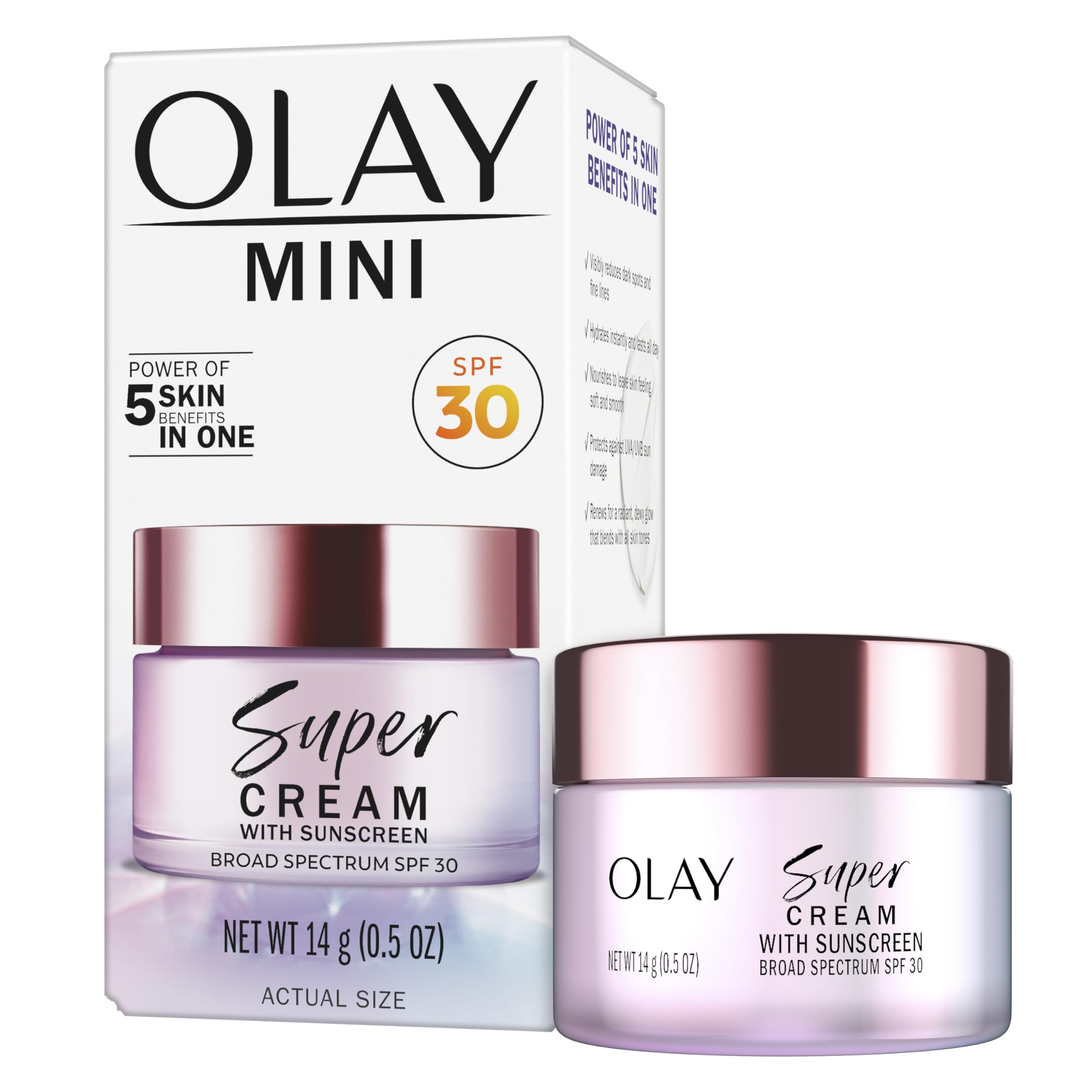 Olay Super Cream with Sunscreen SPF 30, Trial Size, Lightweight Face Moisturizer with Sun Protection, 5-in-1 Skin Care Benefits - Hydrating, Brightening, Firming - Niacinamide, Vitamin C, 15 mL: 0.5 Fl Oz (Pack of 1)