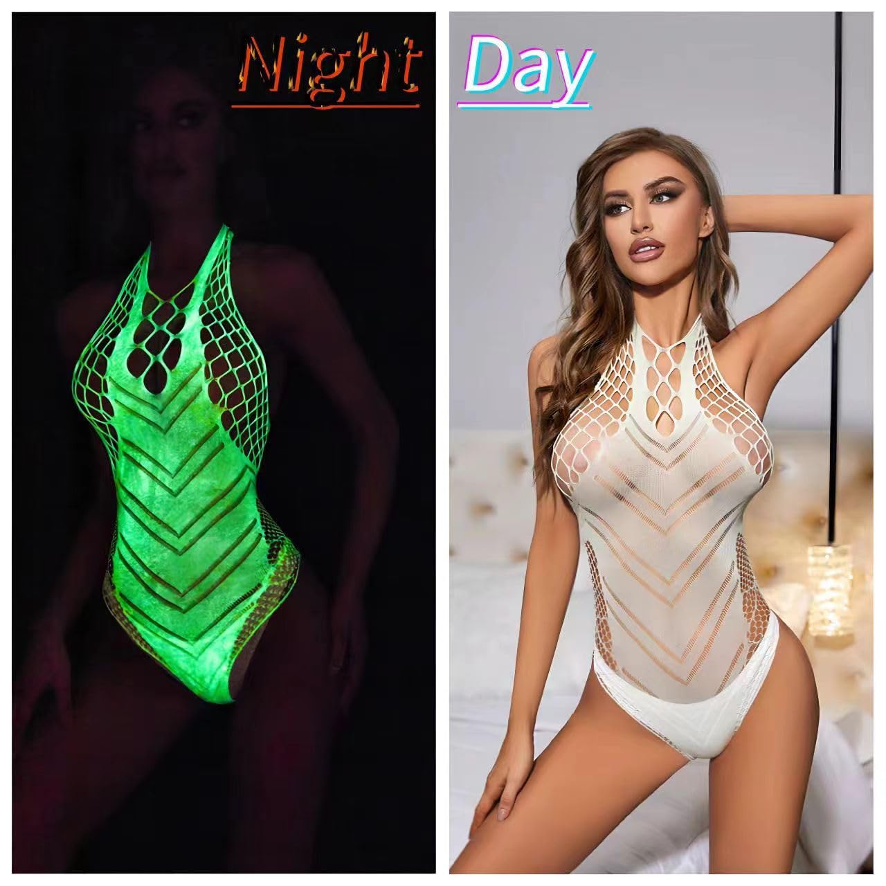 DTWAWA Glow in the Dark Sexy White Fishnet Stockings, Stylish Bodysuit Leggings for Womens Party