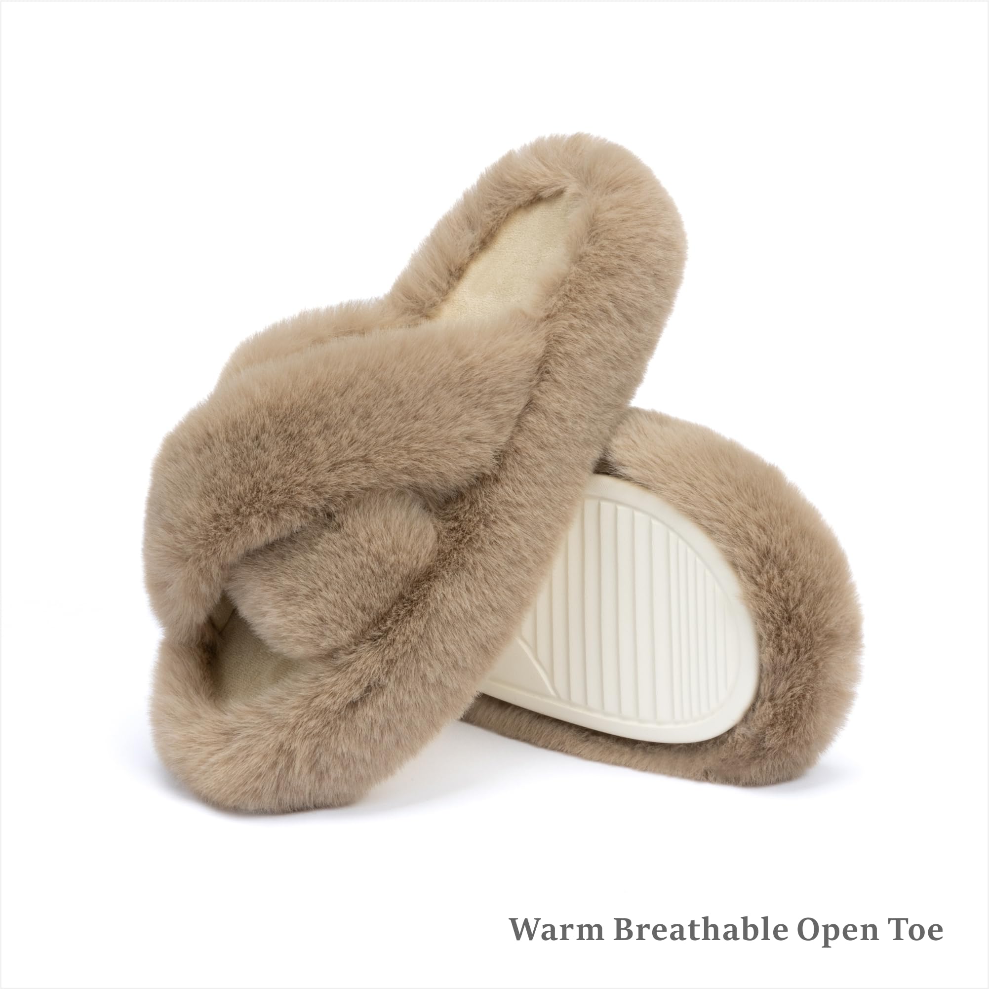 Chantomoo Women's Blue Memory Foam Faux Fur Lined Open Toe Slippers for Women - US 12: 7-8 Light Brown Cross