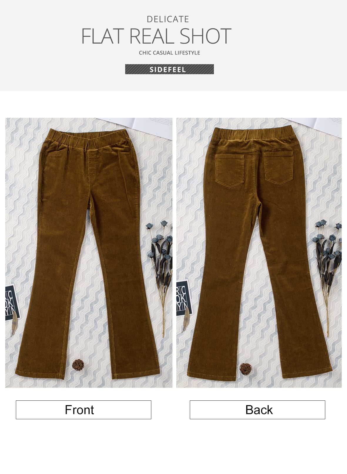 Sidefeel Women's Corduroy Flare Pants Elastic Waist Bell Bottom Trousers 2024 Women Fashions