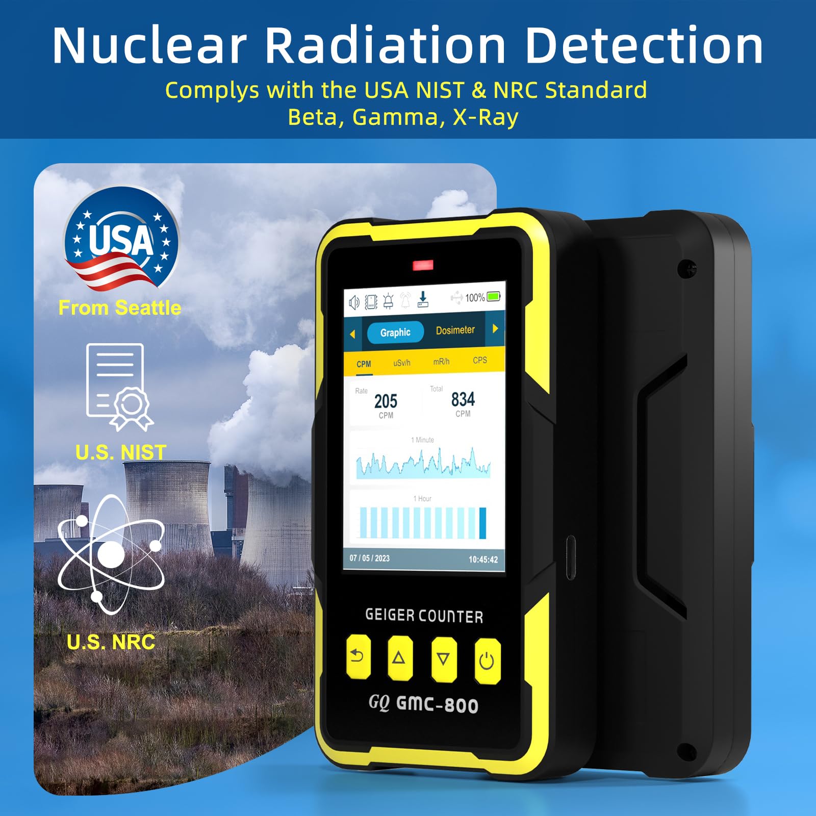 Nuclear Radiation Detector GQ GMC-800 Geiger Counter USA Design Product US National Standard Large Color LCD Display 5 Alarm Types Dosimeter Data Save & Global Share Beta Gamma X-ray Portable Device