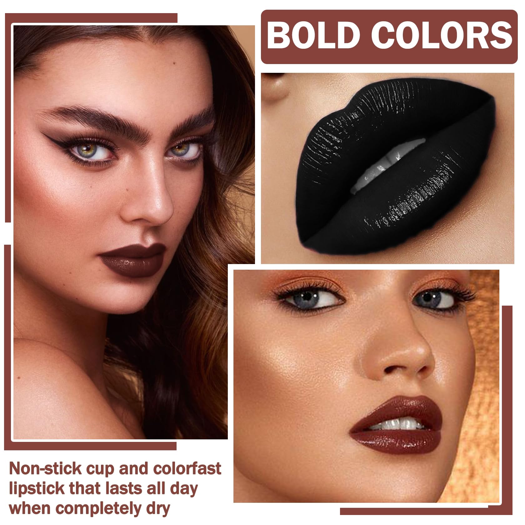 QIUFSSE 3 in 1 Black Lip Liner Pencil and Lipstick lipgloss Set Matte Black Lipstick Lip Gloss Kit Long-lasting Nonstick Cup Smudge Proof Lip Kits with Lip Liner,Velvet Goth Makeup (): 12#Black Magic