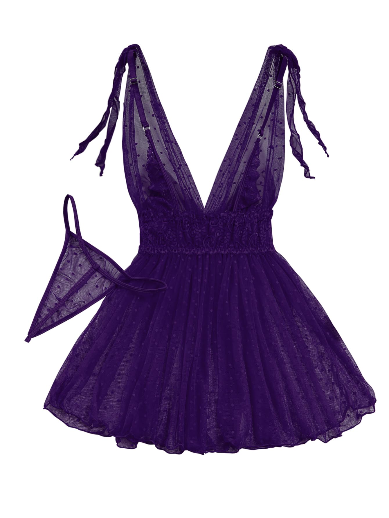 Lilosy Sexy Polka Dots Mesh Sheer Lace Babydoll Chemise Lingerie Set Floral Lace Sleep Wear: Small Purple