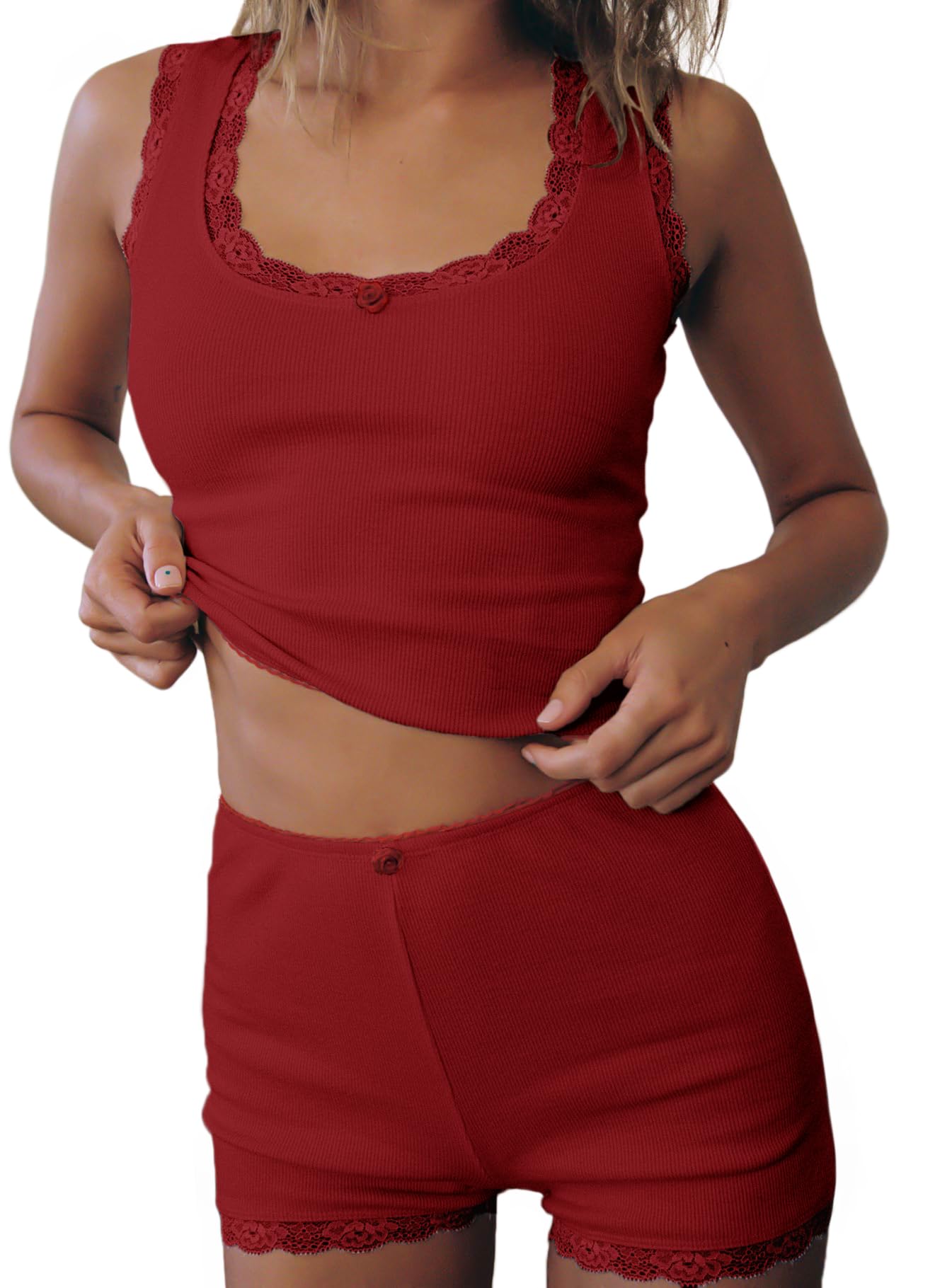 Pajama Sets For Women 2 Piece Ribbed Tank Top With Lace Trim High-rise Shorts Scooped Neckline Cute Pajamas Sleep Sets: Wine Red Medium