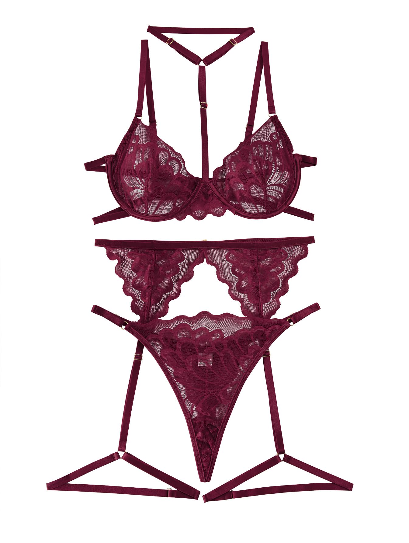 Lilosy Sexy Choker Floral Lace Underwire Push Up Garter Belt Lingerie Set for Women Sheer Bra and Panty 3 Piece: Medium Burgundy Red