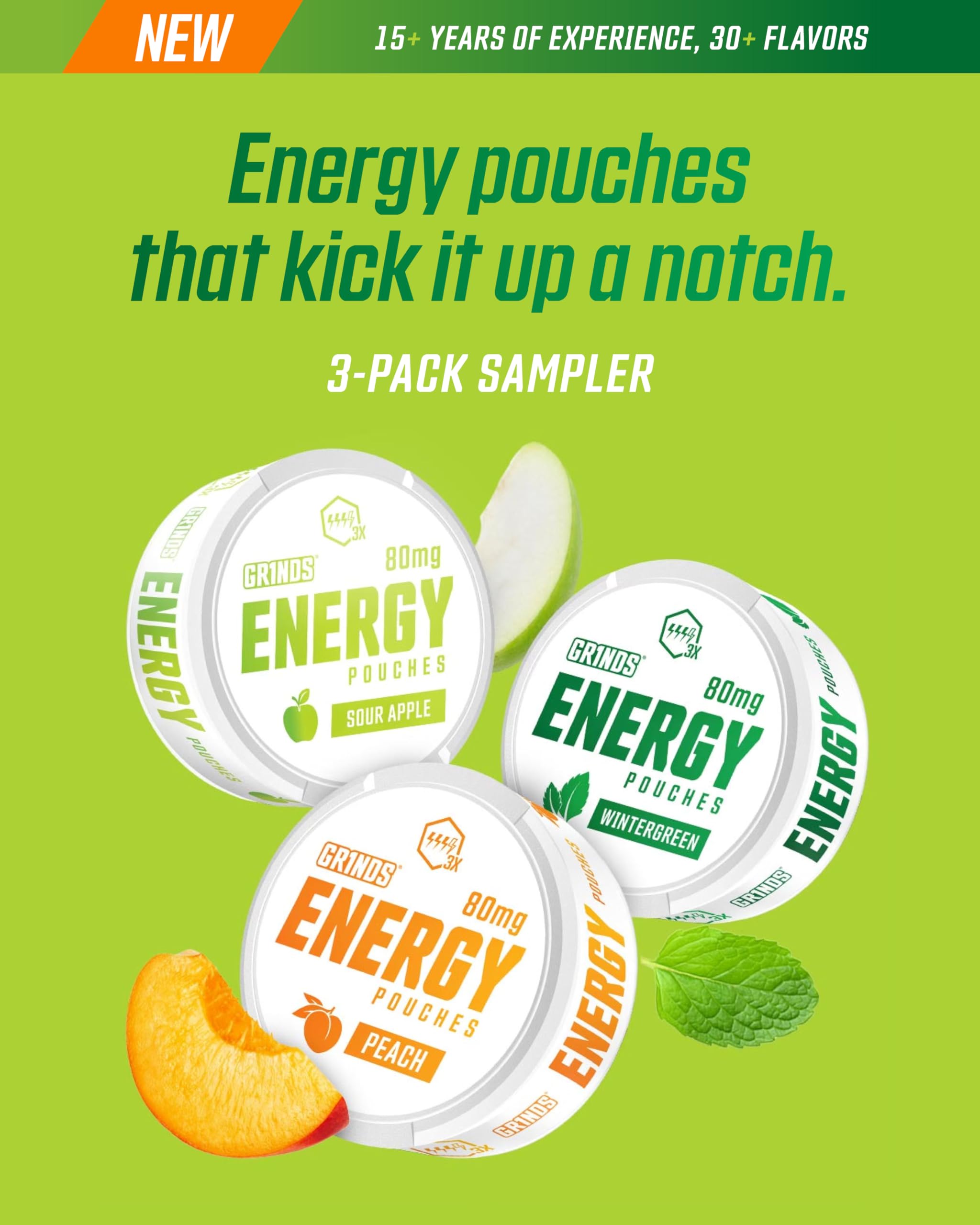 Grinds Energy Pouches - Natural Caffeine Pouches - Contains B-Vitamins, Sugar-Free, & 0 Calories - 80mg of Caffeine in Each Pouch - Wintergreen, Peach, & Sour Apple - 3 Pack, 15 Pouches Per Can