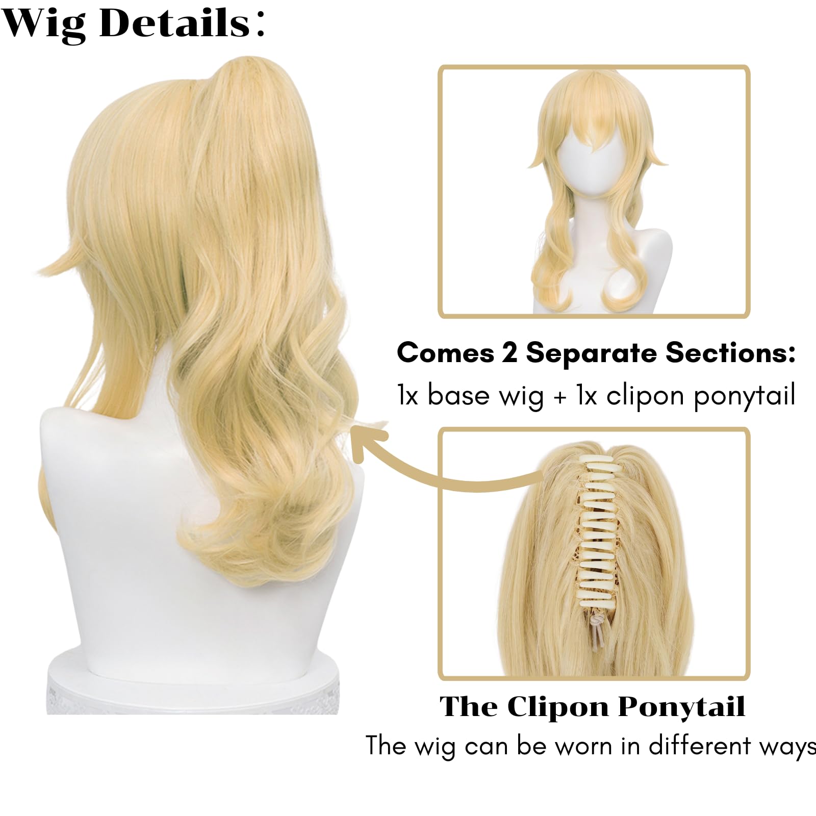 SL Wavy Blonde Ponytail Wig for Jean Cosplay,Golden Princess Hair Wigs with Pigtails Bangs + Wig Cap for Halloween Peach Costume: Middle Blonde Jean