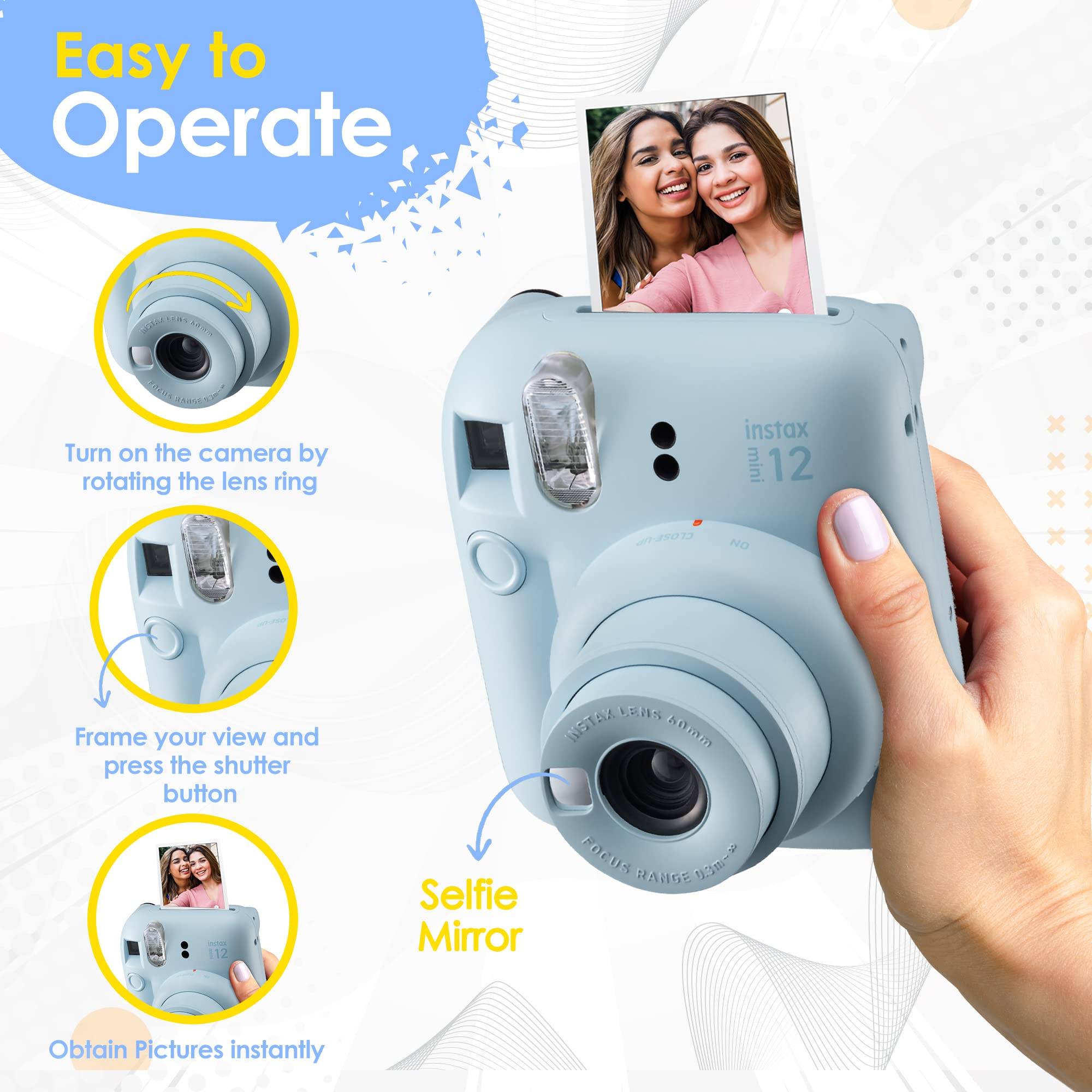 Fujifilm Instax Mini 12 Camera with Fujifilm Instant Mini Film (60 Sheets) Bundle with Deals Number One Accessories Including Carrying Case, Photo Album, Stickers (): Clay White