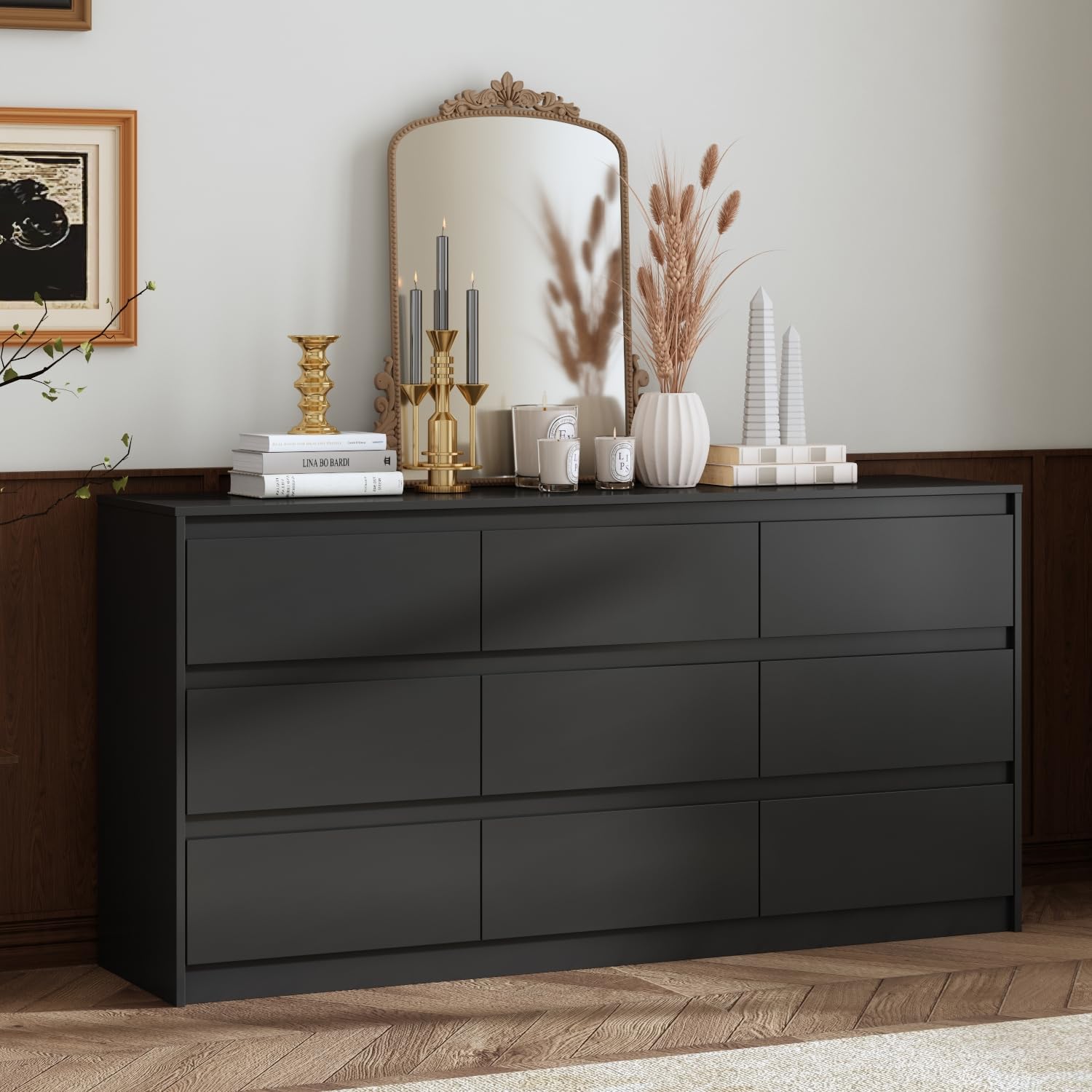 Hitow 9 Drawer Dresser for Bedroom with Deep Drawers, Large Floor Wood Dressers & Chest of Drawers Handle Free, Modern White Long Dressers for Closet Living Room, Euro Slide (63"W x 15.7"D x 31.5"H) thumbnail 1