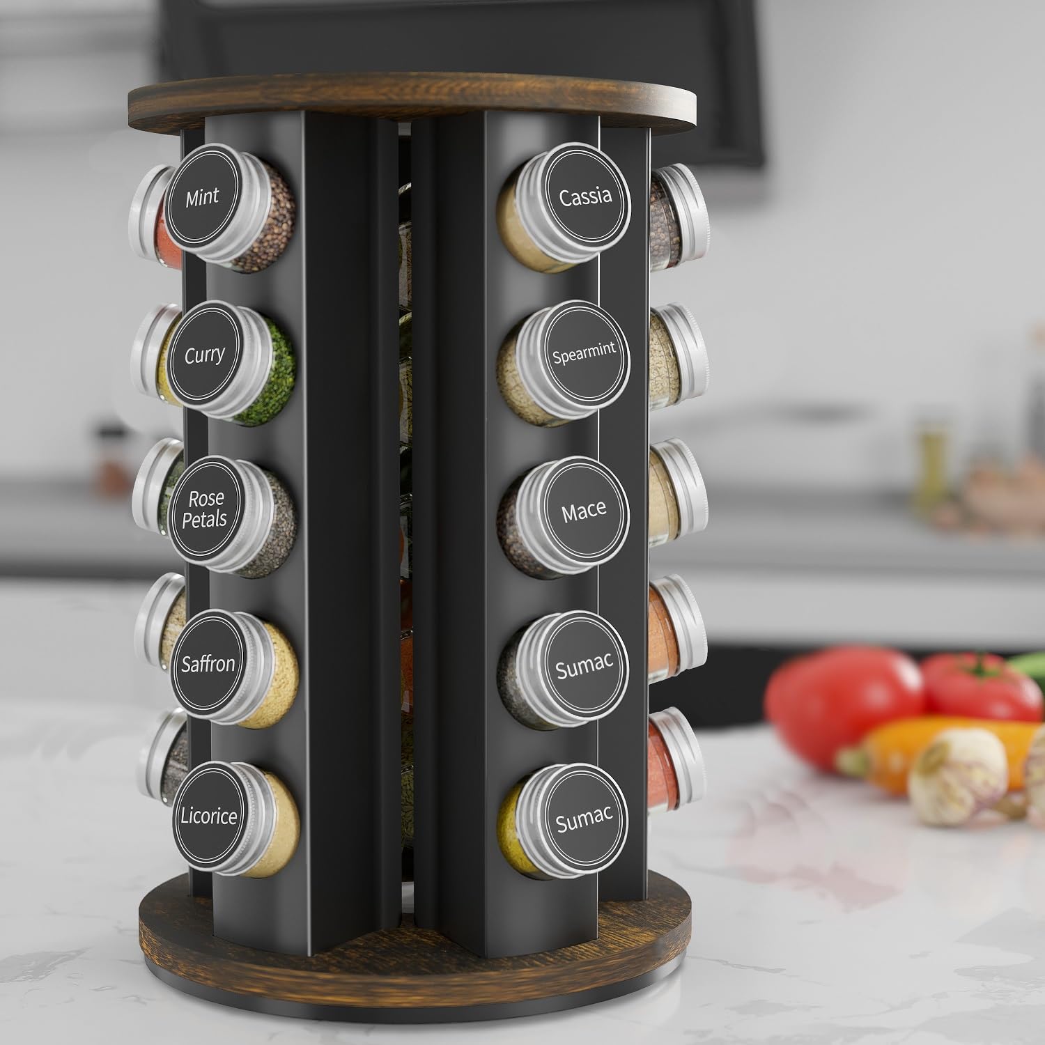 New England Stories Revolving Spice Rack Set with 20 Spice Jars, Kitchen Spice Tower Organizer for Countertop or Cabinet - Carousel Storage Includes 386 Spice Labels (Black): 30 Jars Wood