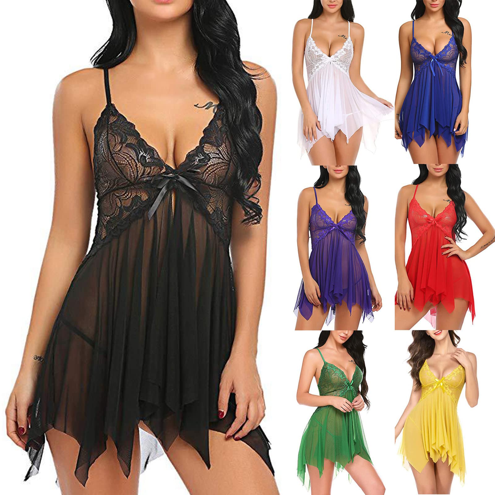 maisdgop Women Lingerie Bodysuit Sexy Mesh See Through Pajama Set Fashion Erotic Bra Panties Outfits Casual Homewear Sets: Medium 01 Black
