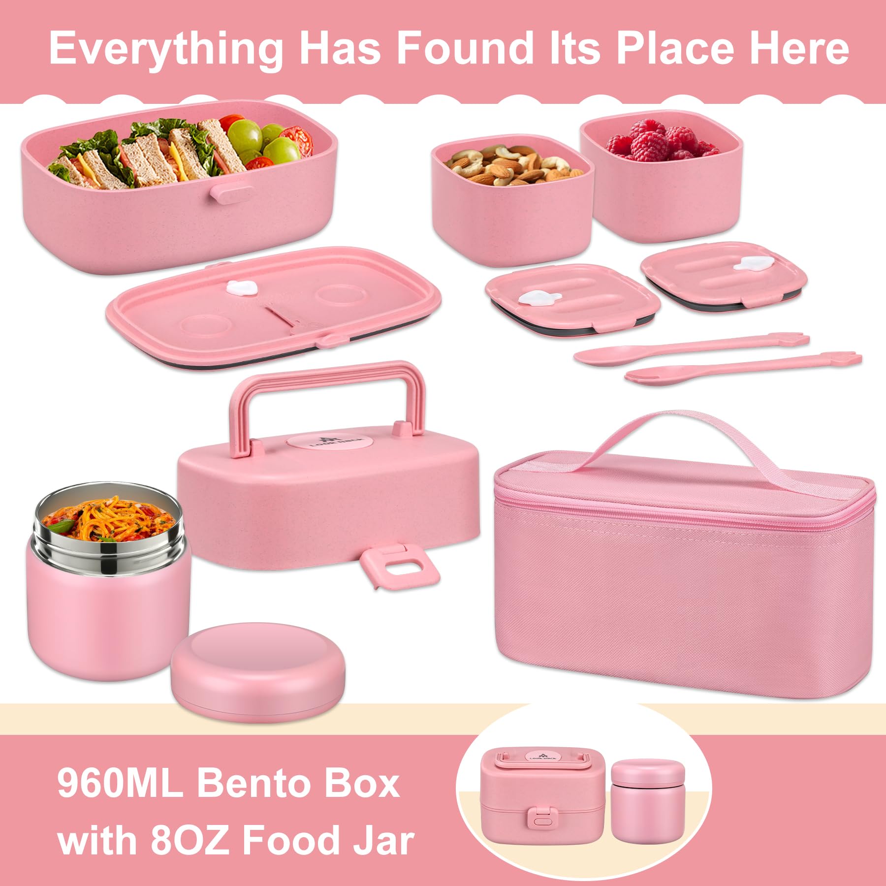 Pawtong Bento Lunch Box with 8oz Soup Thermo, Kids Sustainable Bento Box Leakproof Lunch Food Containers with Lunch Bag, Kids Thermo Insulated Hot Food Jar for School, Trvael (): Pink