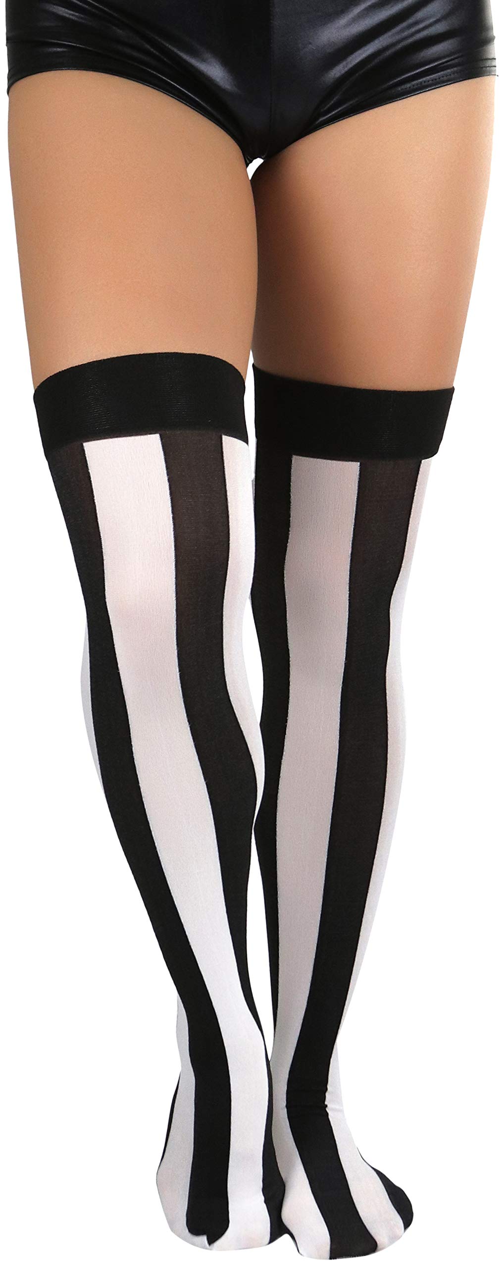 ToBeInStyle Women’s Wide Vertical Striped Thigh High Halloween Party Novelty Stockings: Black W/ White Wide Stripes