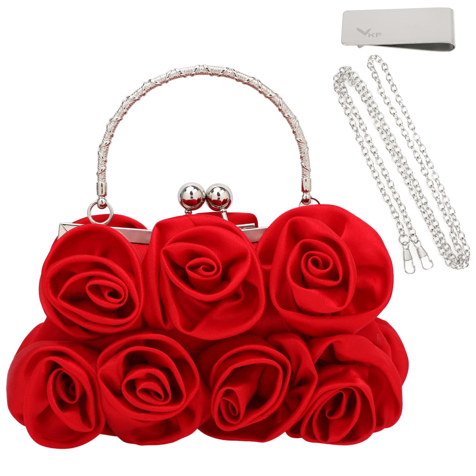 kilofly Missy K 7 Roses Clutch Purse, Satin, with Detachable Strap Money Clip