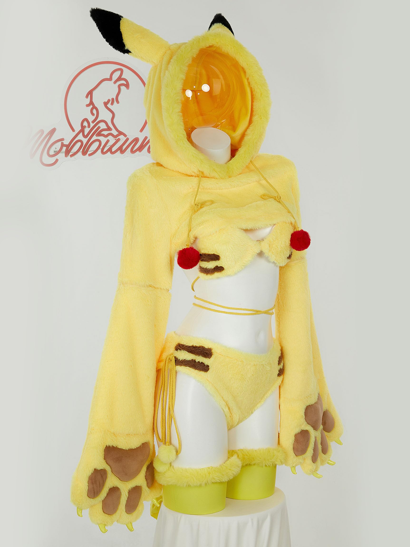 Mobbunny Anime Cosplay Lingerie Set for Women Yellow Plush Pajamas Homewear Furry Paw Gloves Hoodie Top and Bra Panty